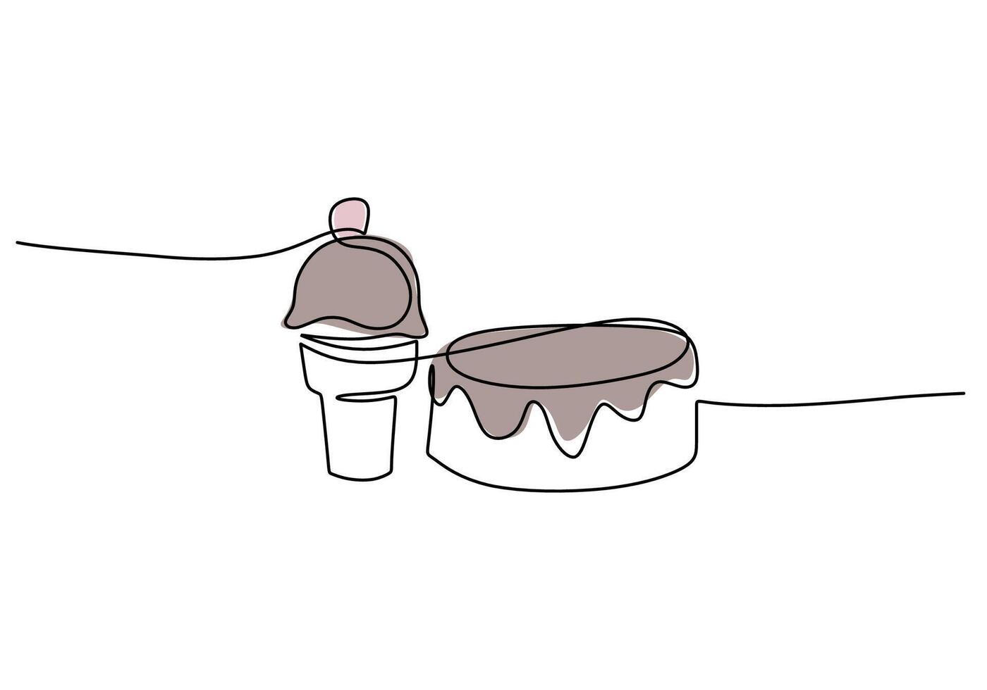 continuous line drawing of ice cream and donuts with chocolate topping isolated on white background. vector