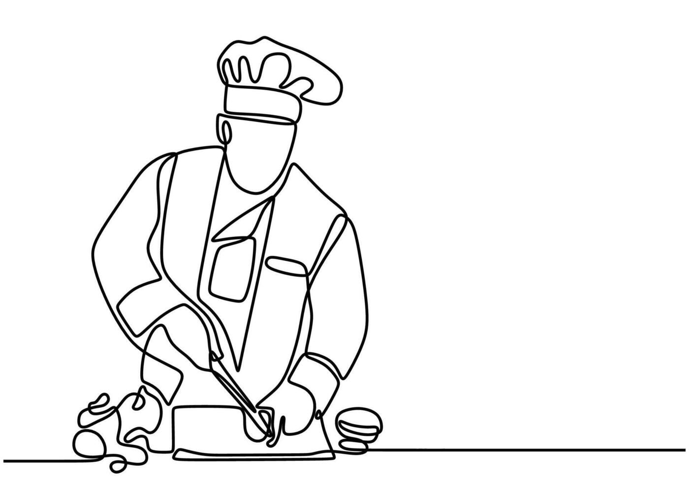 Continuous single line drawing of chef cutting food vector
