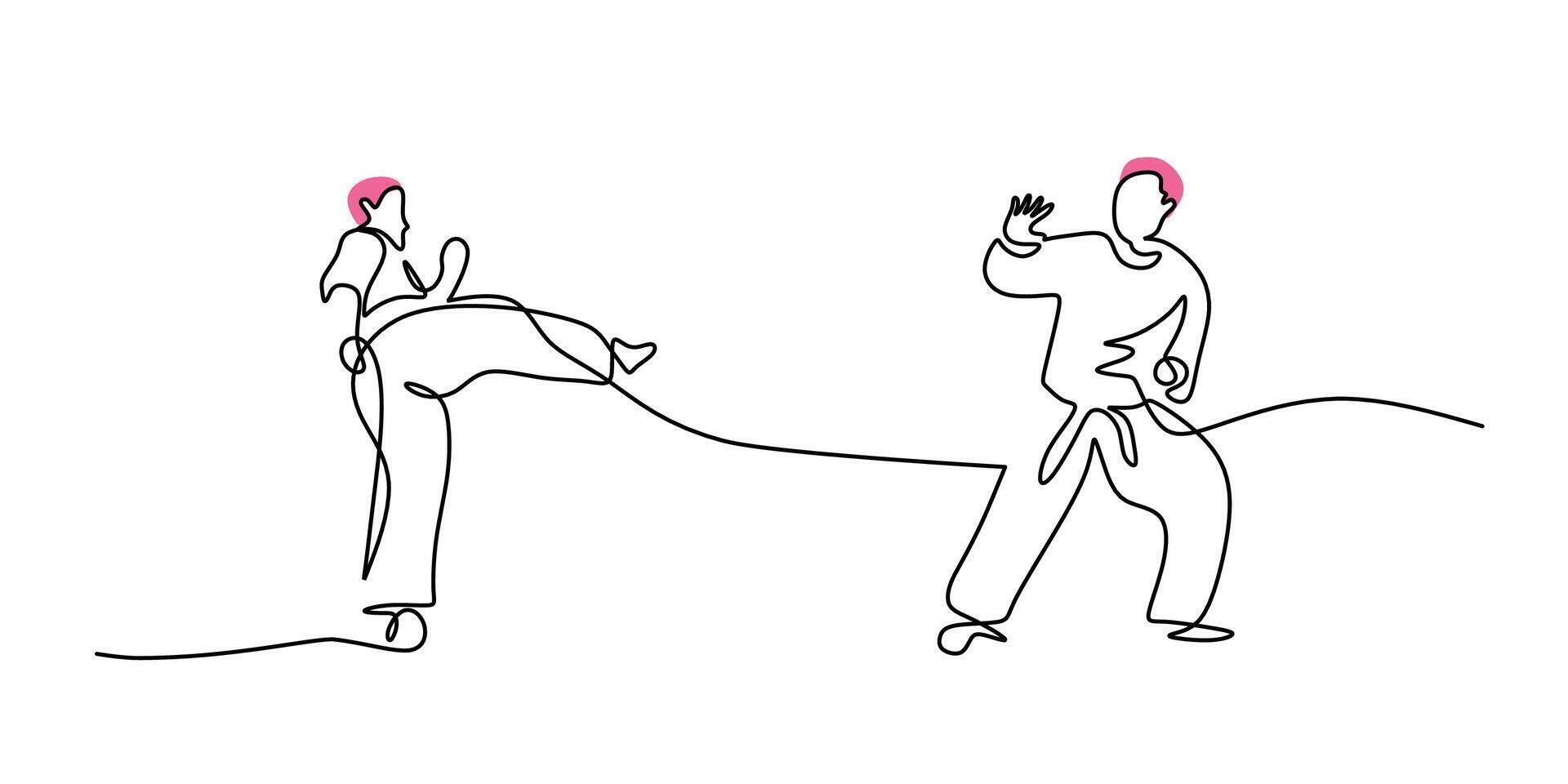 Continuous single line drawing of young man confident karateka in kimono practicing karate combat. vector