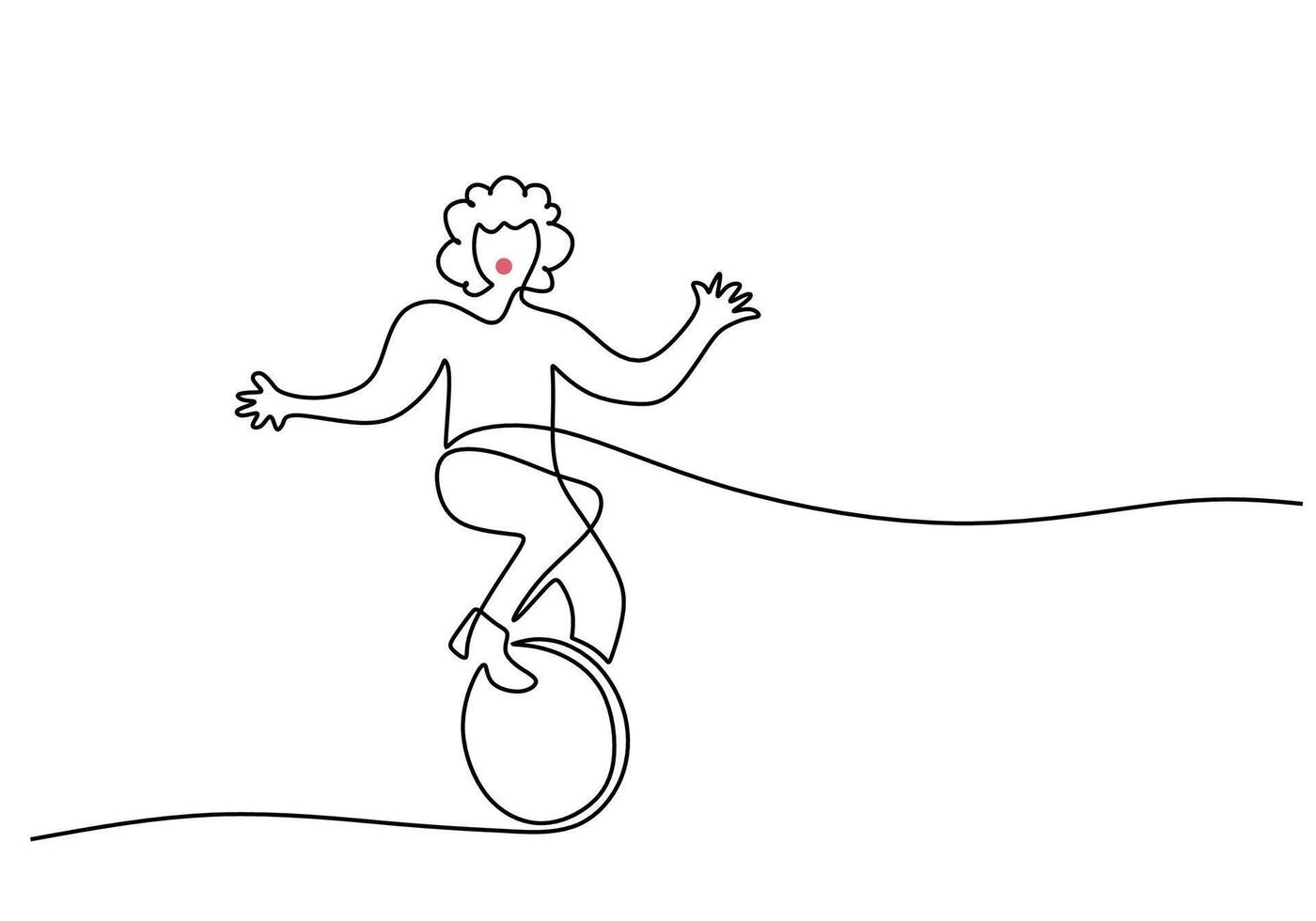 clown rides a unicycle in one single continuous line drawing style isolated on white background. vector