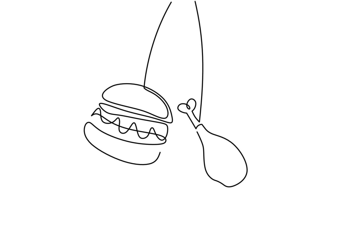 one continuous line drawing of hamburger and fried chicken isolated on white background. vector