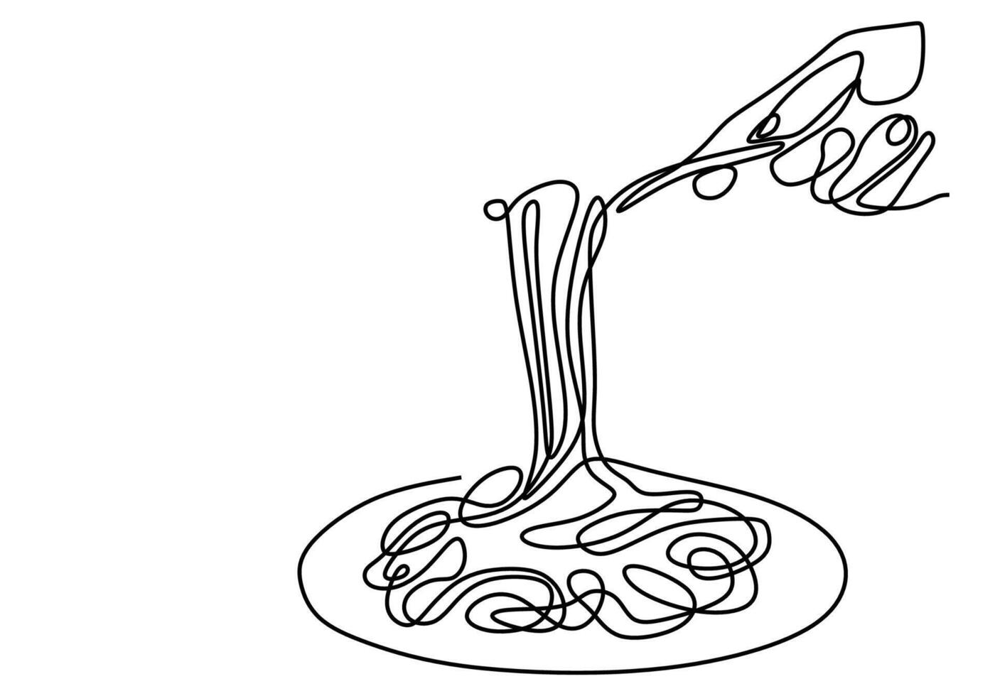 One line drawing of delicious spaghetti noodle with fork vector