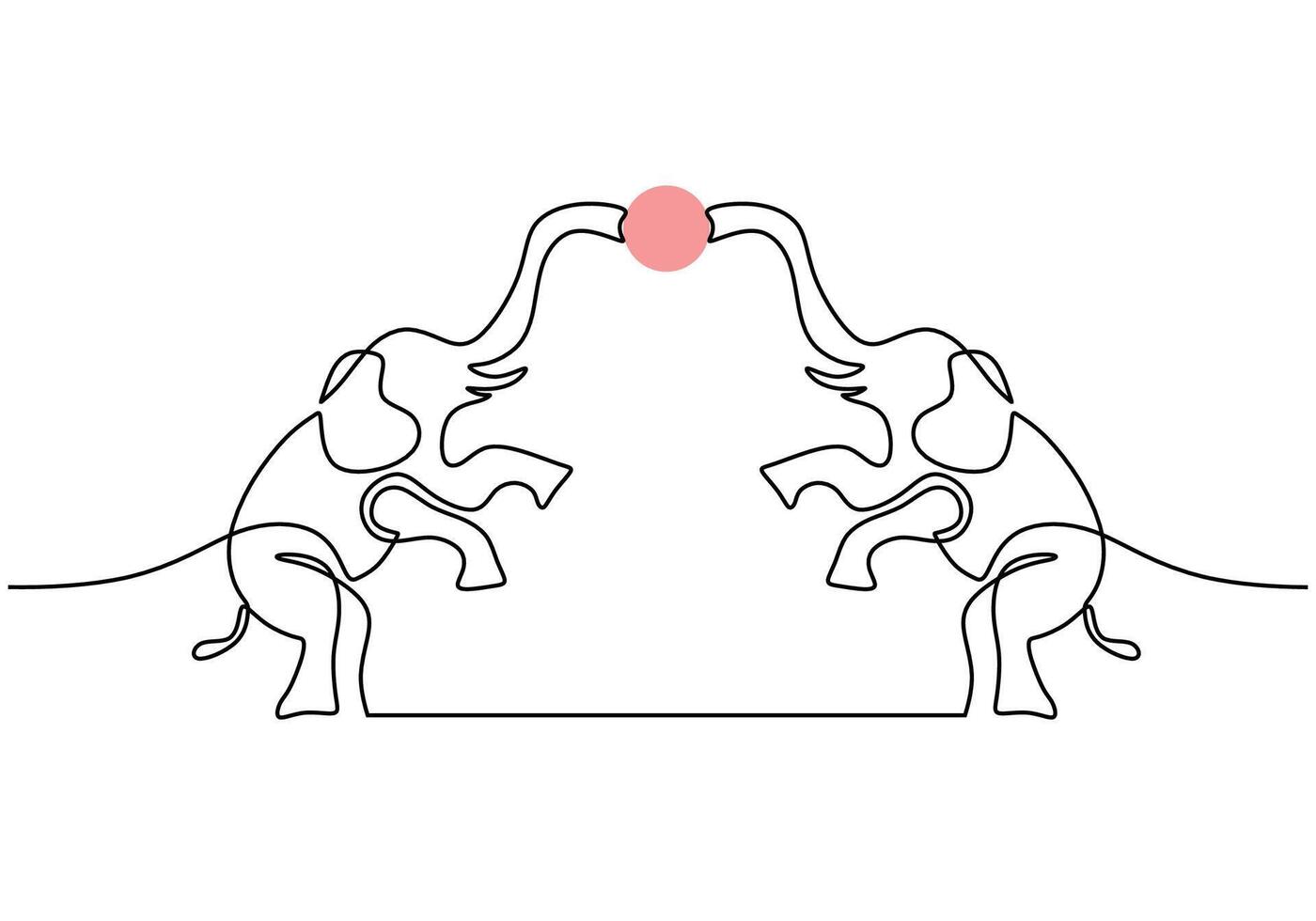 Two Elephants playing ball with their trunk in one single continuous line drawing. vector