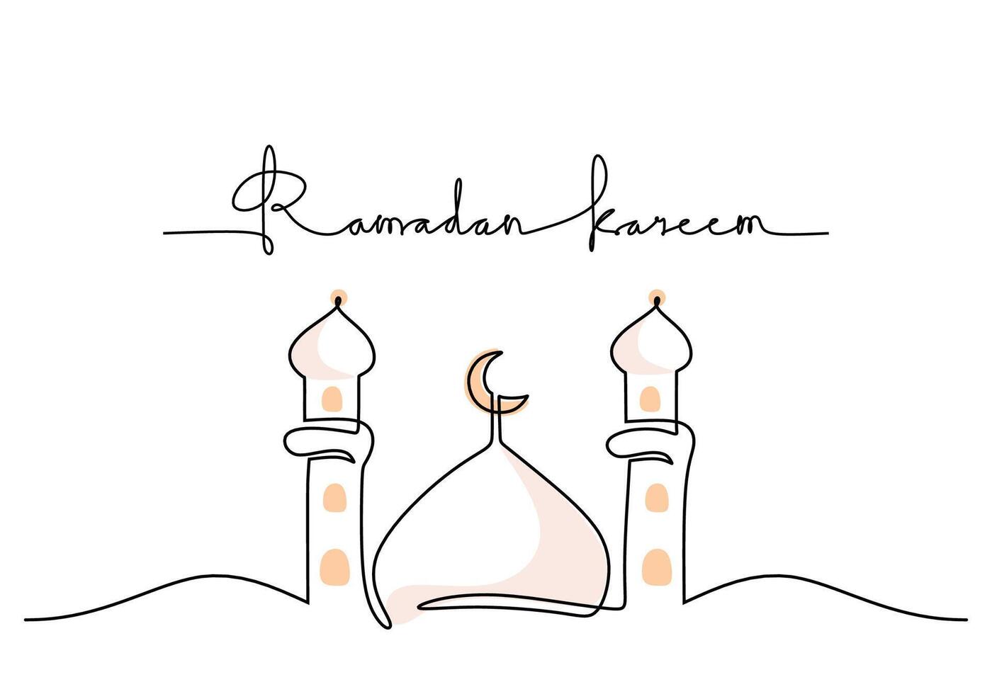 Mosque with ramadan kareem text. One line drawing vector
