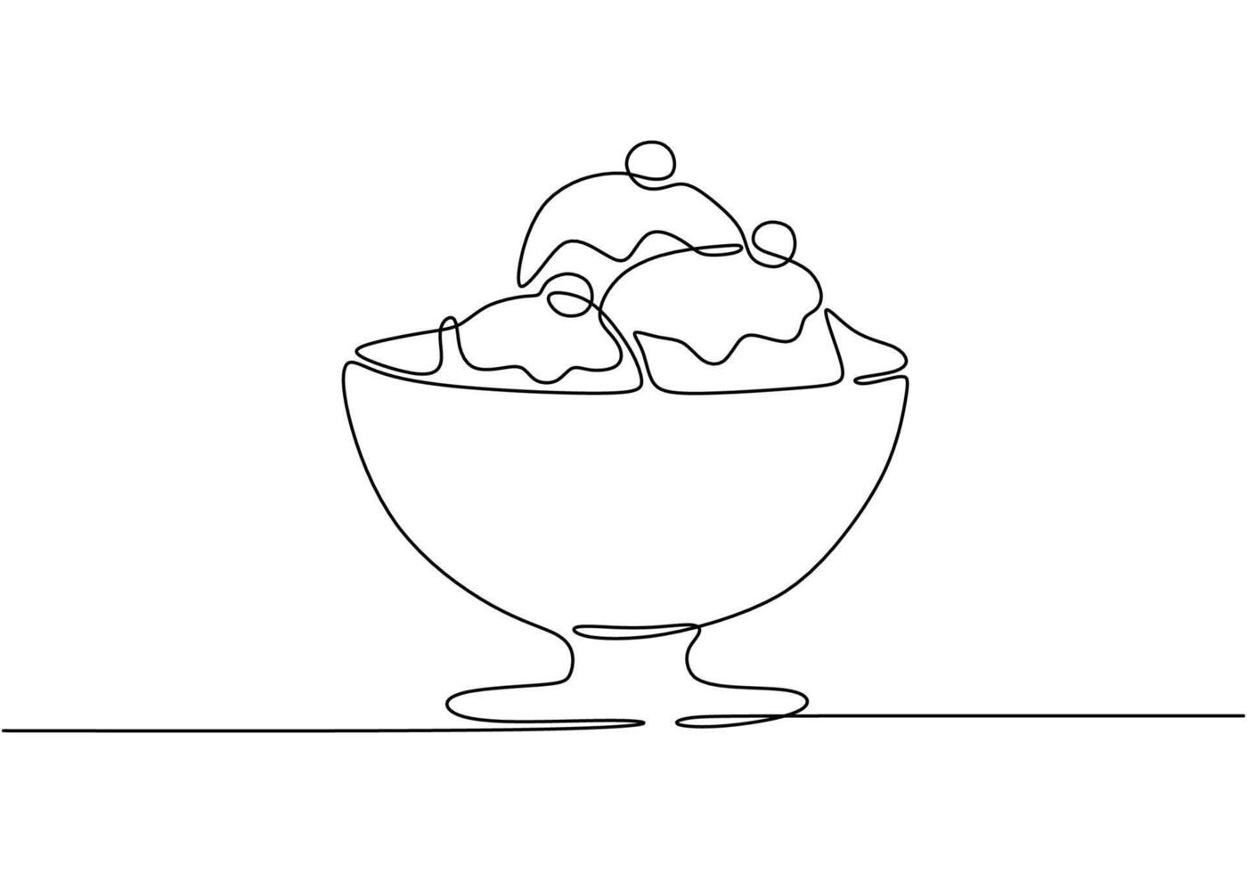 One continuous line drawing of ice cream in a bowl with cherry vector