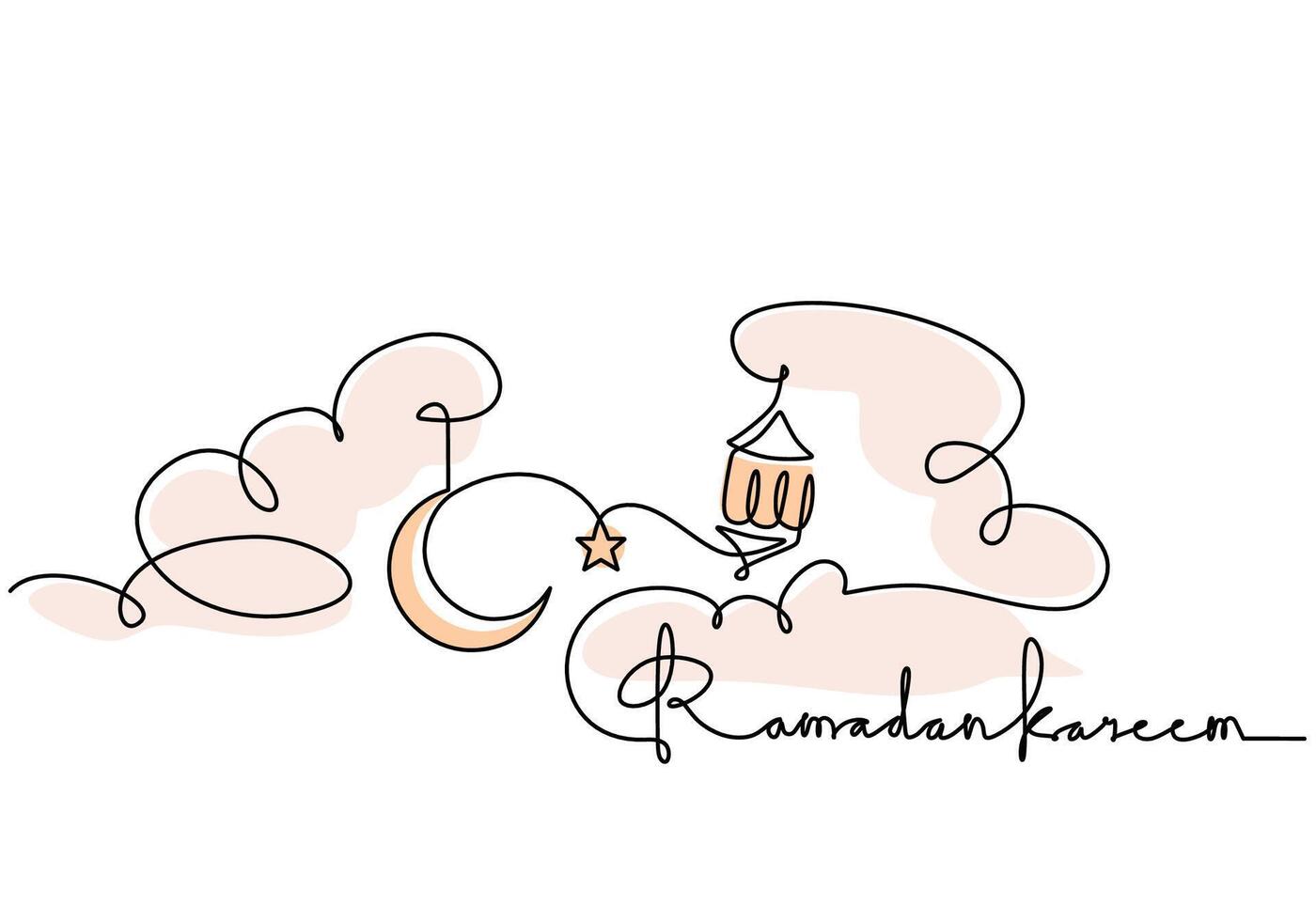 Hanging crescent moon, star lanterns and cloud with ramadan kareem handwritten in One line drawing vector