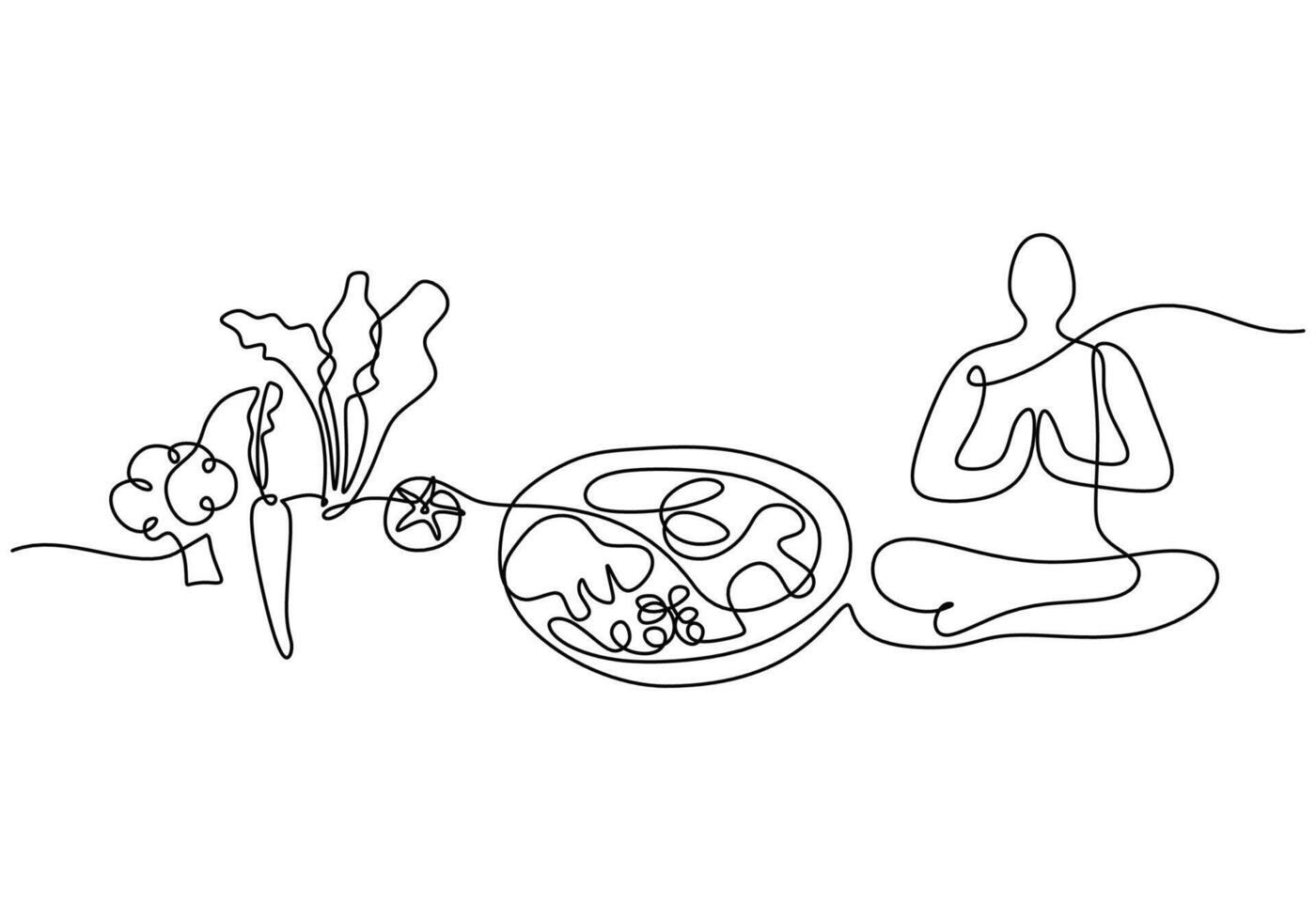 Yoga or meditating man with broccoli, carrot, vegetable and healthy food in one continuous line. vector