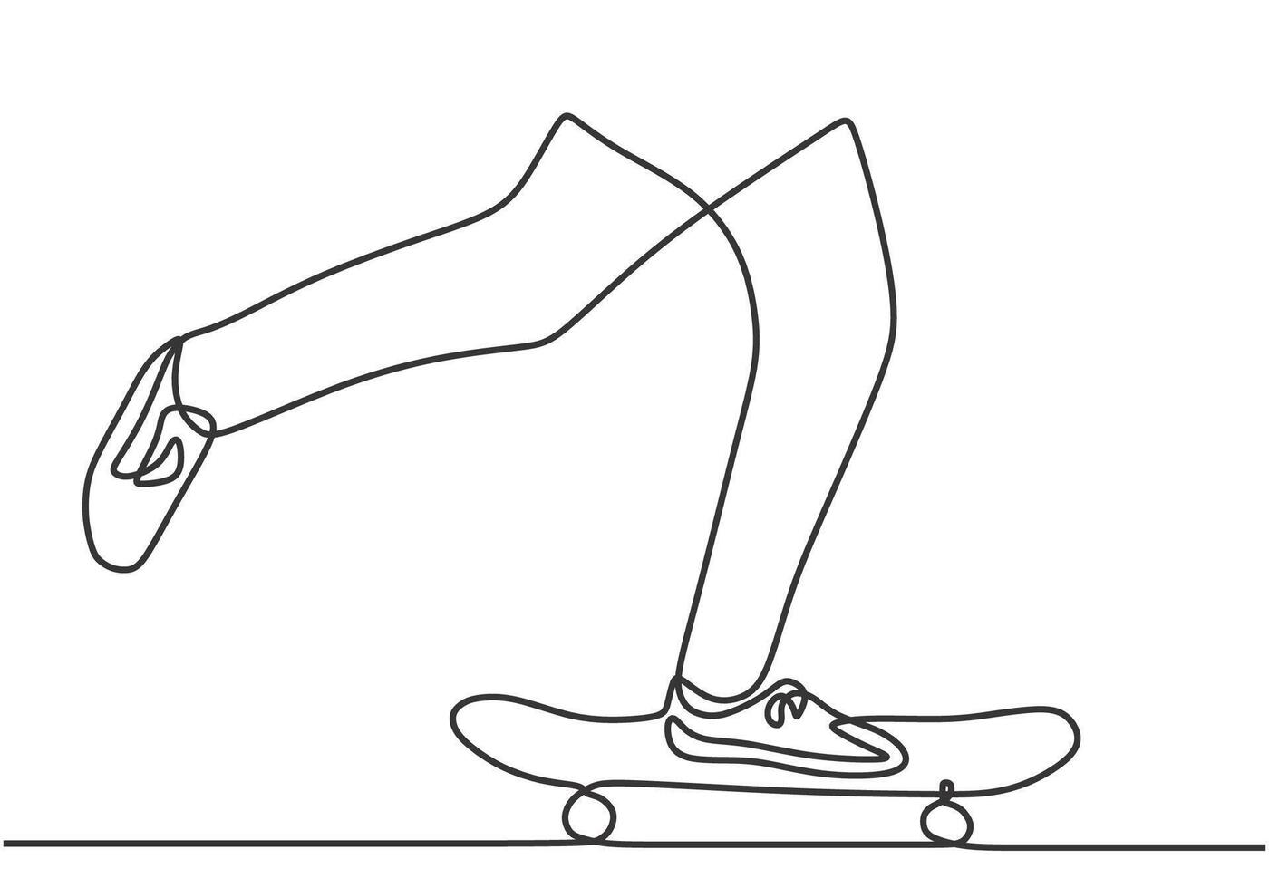 Leg with trouser on skateboard in one continuous single line art drawing style isolated background. vector