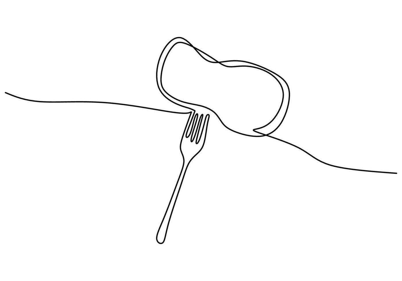 one continuous single line of fork and beef meat slice isolated on white background. food concept. vector