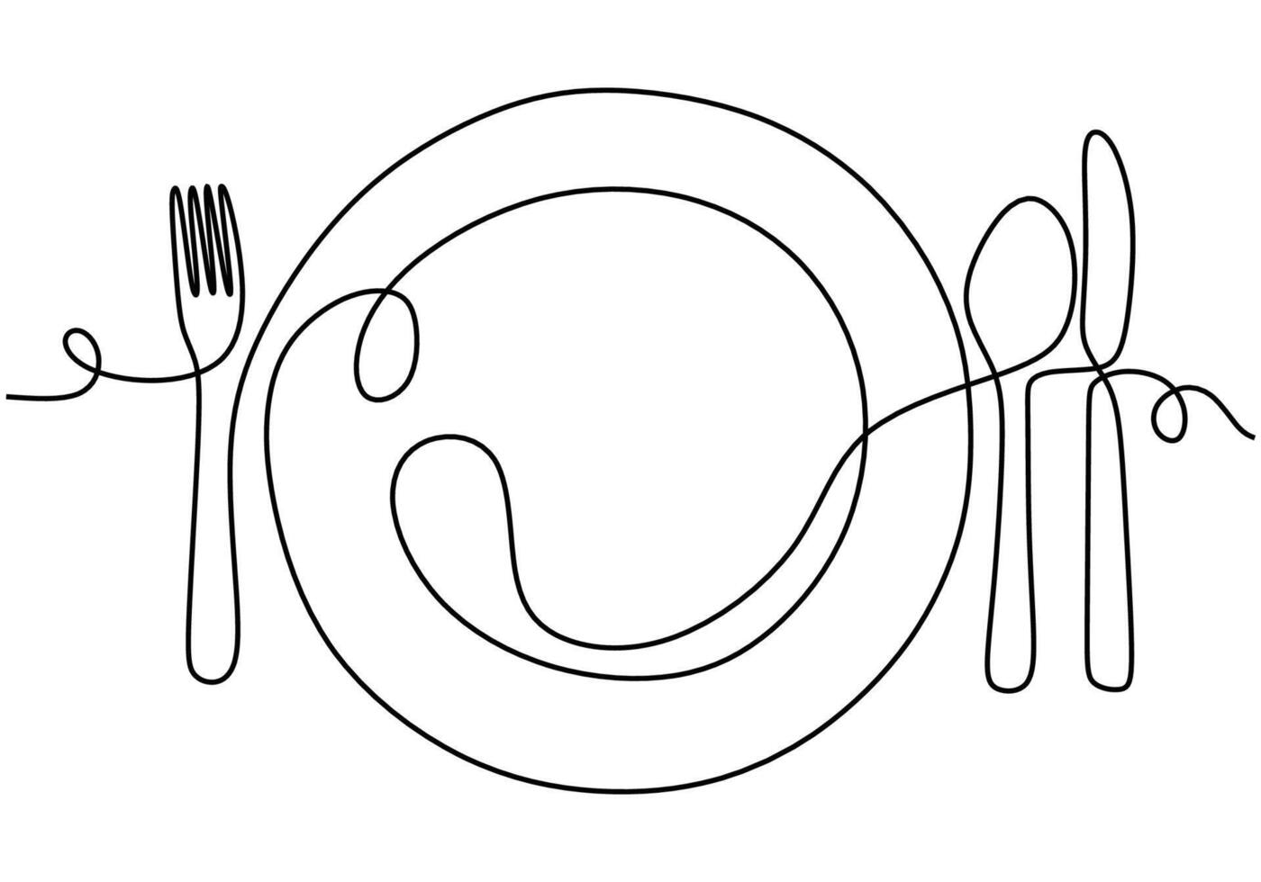 Continuous single line drawing of plate, spoon, fork and knife vector