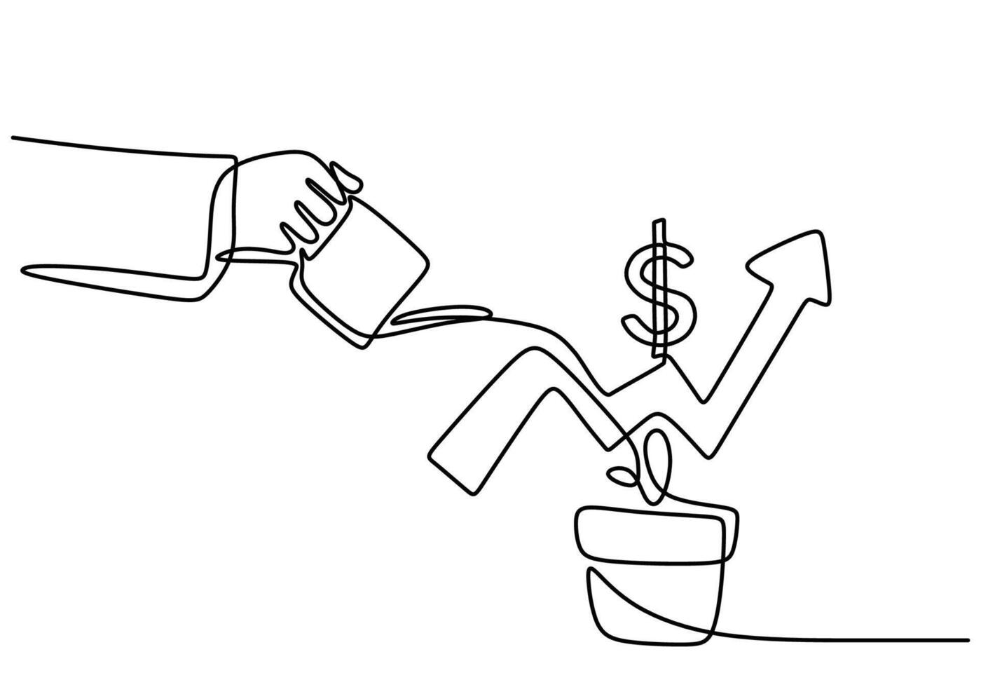 one continuous line drawing hand watering dollar plants with graphic isolated on white background vector
