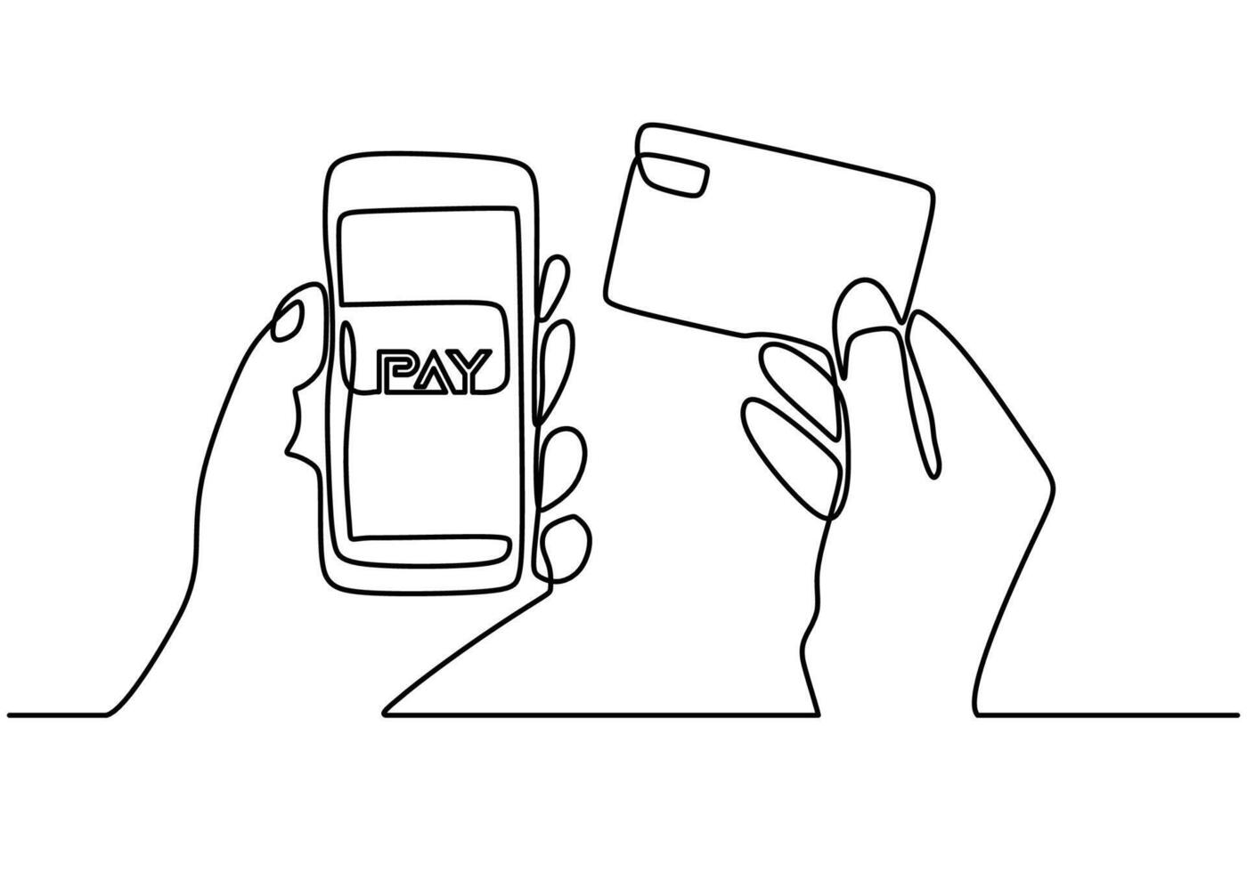 Continuous line drawing of hand hold Smartphone and credit card vector