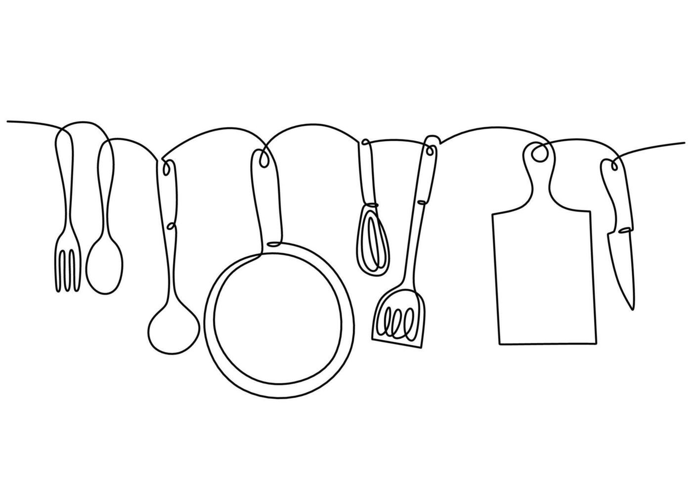 one continuous line drawing of hanging silk, pan, ladle and cutting board. Cooking and kitchen tools vector