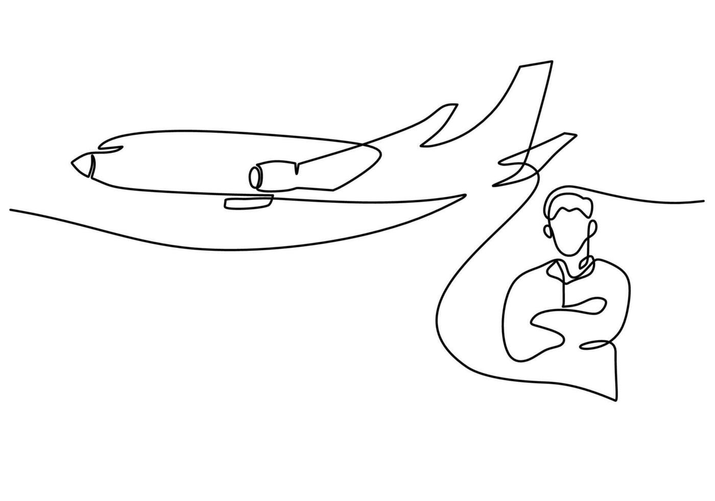 Pilot and airplane in one continuous line drawing style. vector