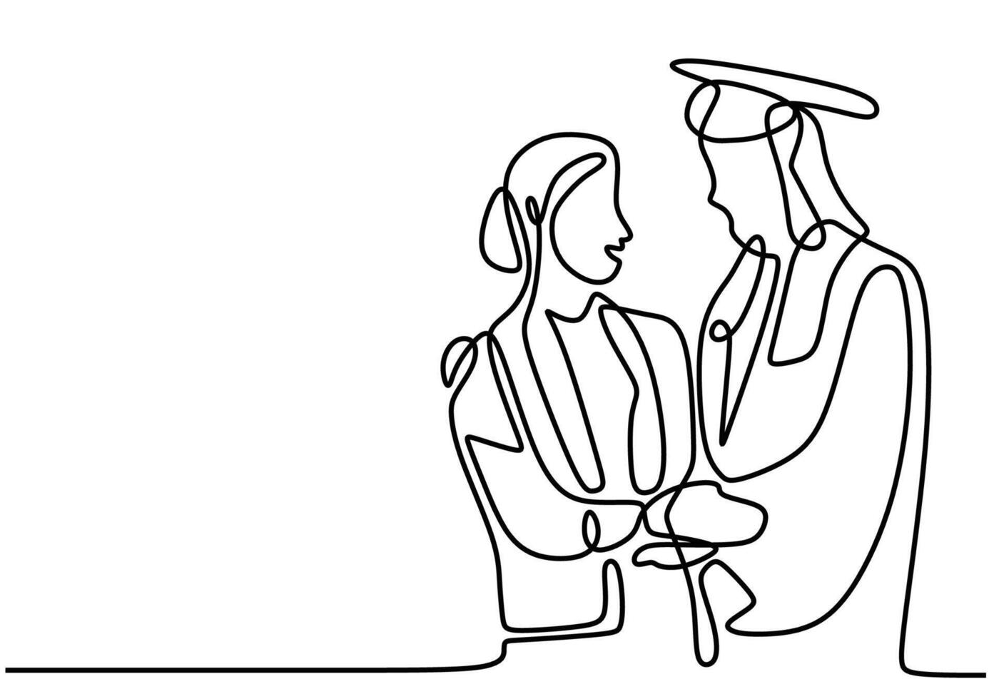 one continuous line drawing of graduated woman student wear toga, cap, gown hug her mother. vector