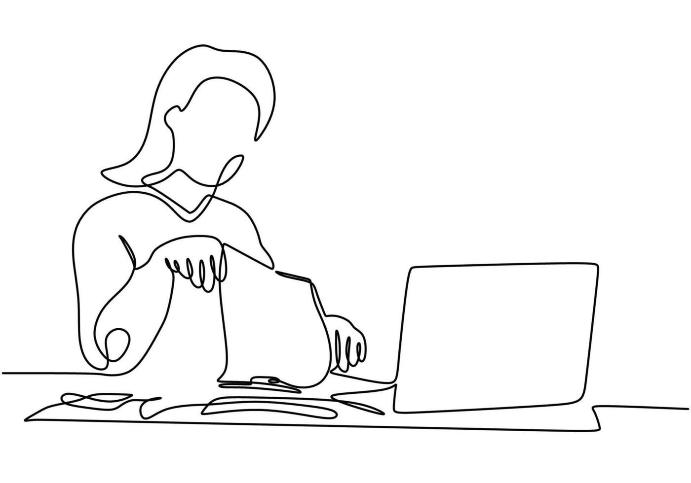 one line bookkeeper woman accountant works with documents and. vector