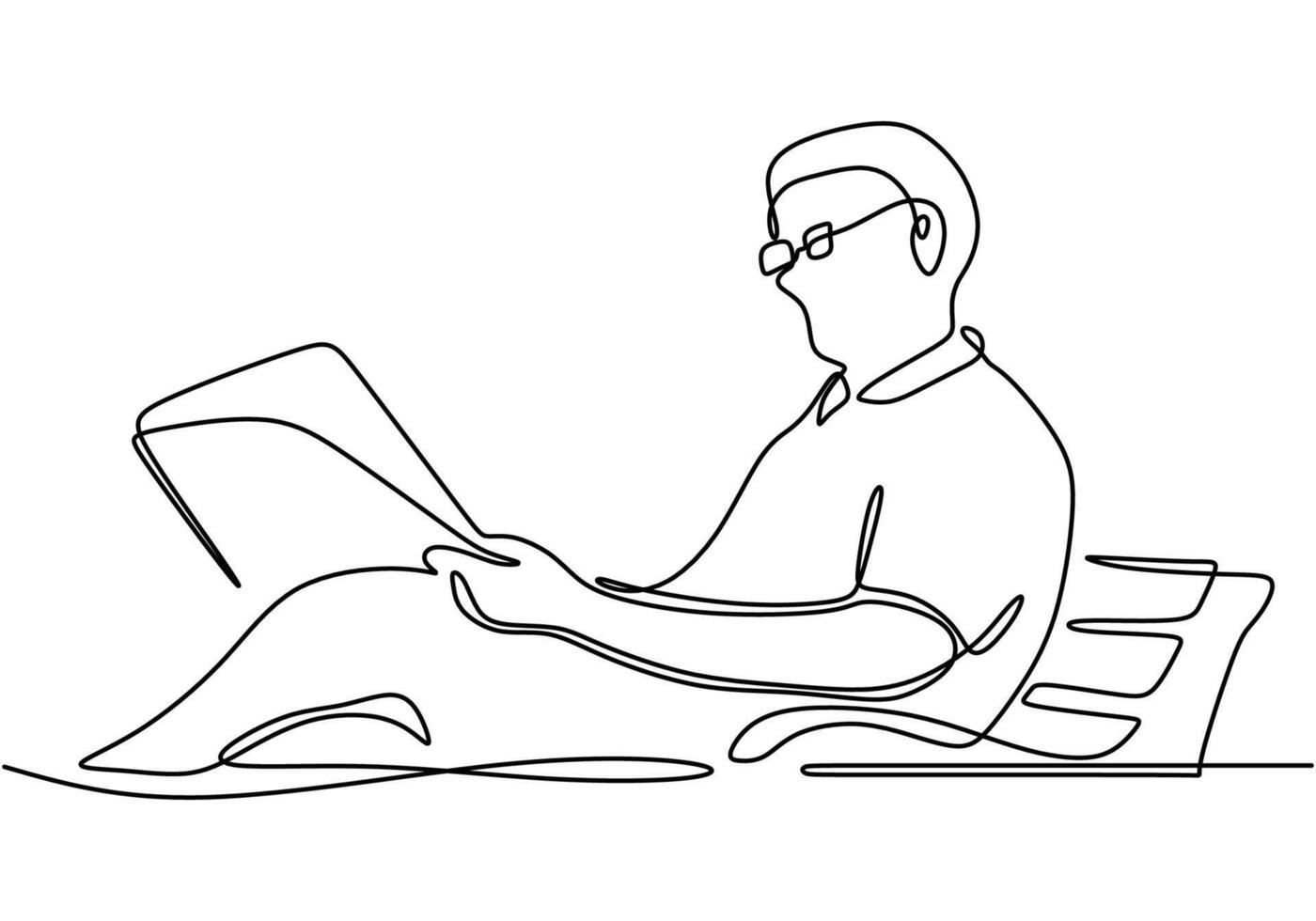Continuous one line drawing of old man sitting and reading vector