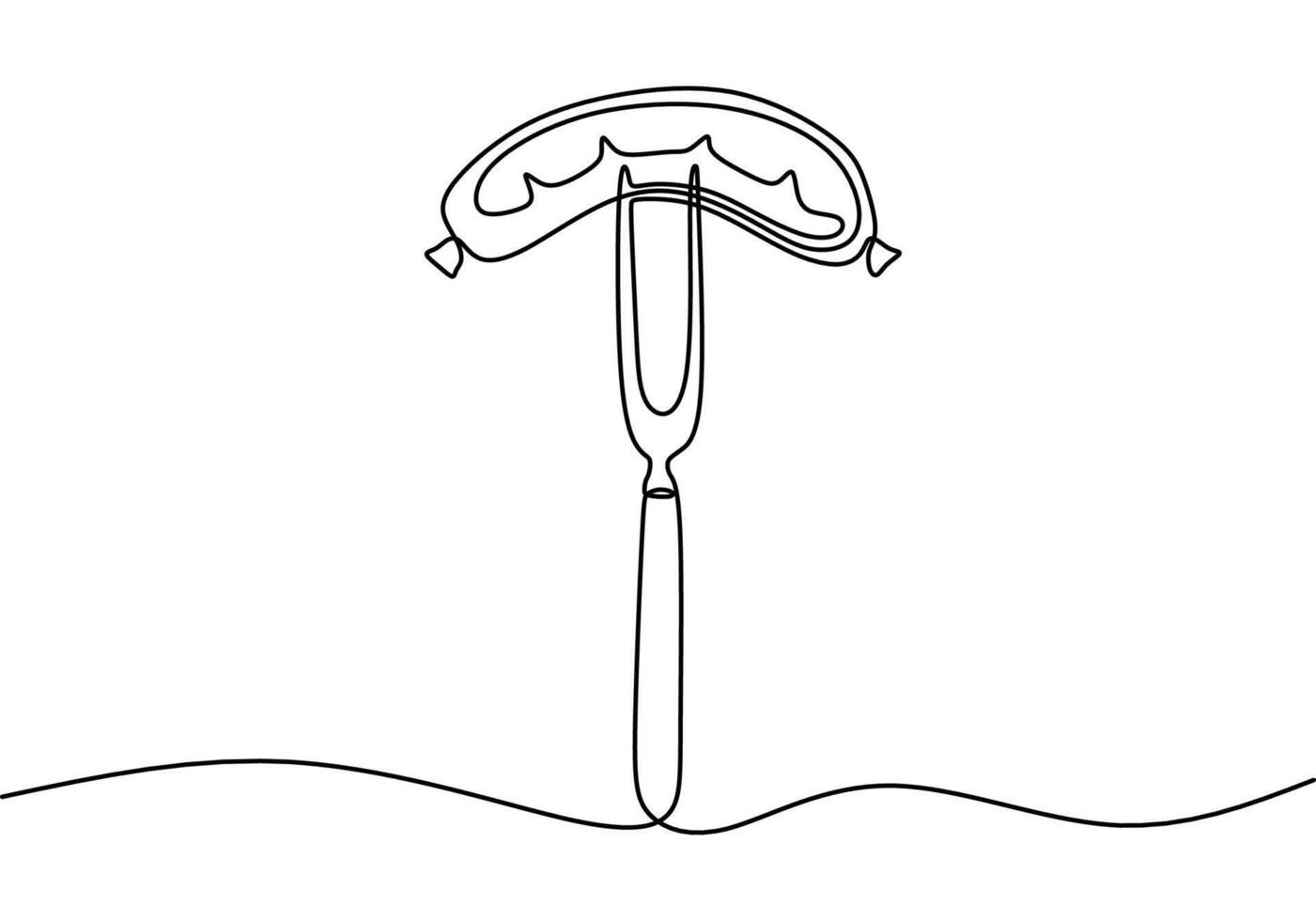 one continuous line drawing of sausage on fork isolated on white background. Fast Food minimalism. vector