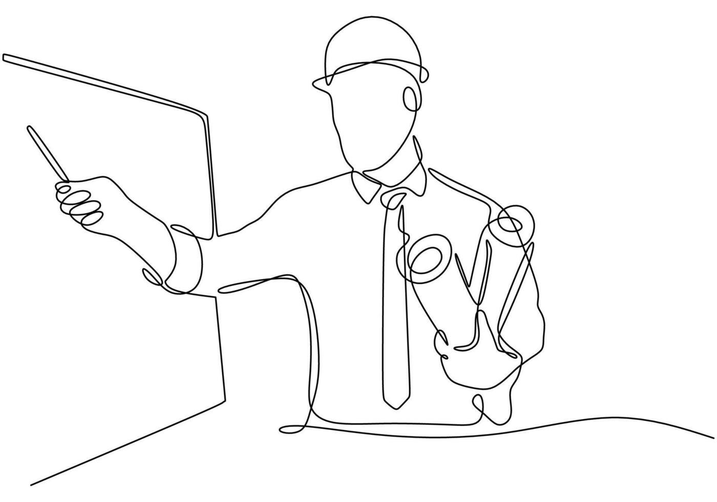 one line drawing of architect holding blueprint paper explaining pose vector