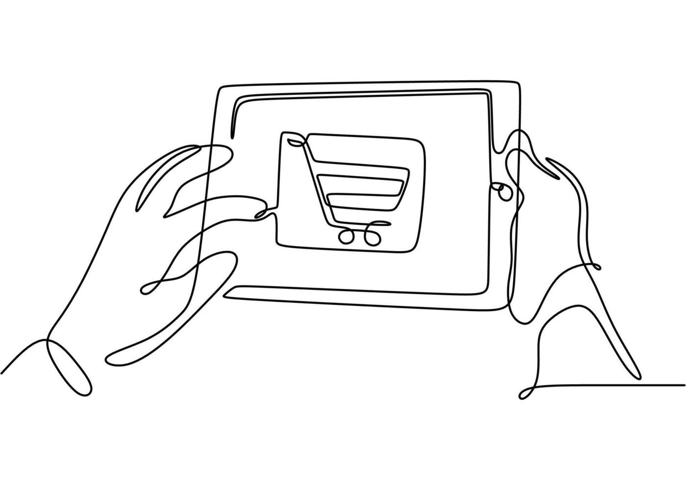 Single one line drawing online shopping with tablet and trolley vector