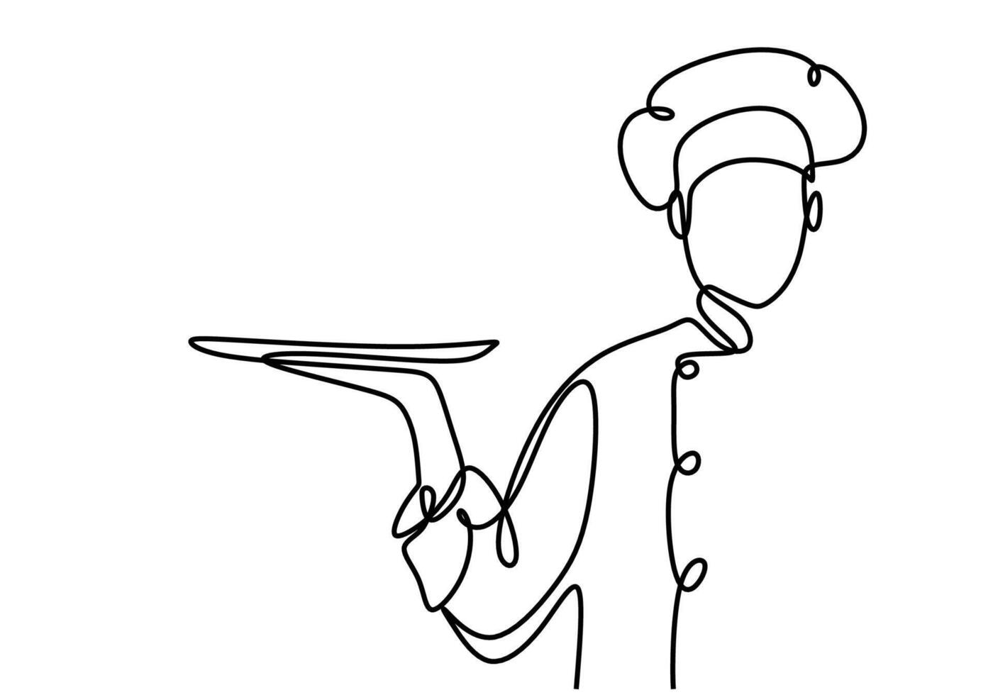 continuous line drawing of chef waiter pose standing bringing tray vector