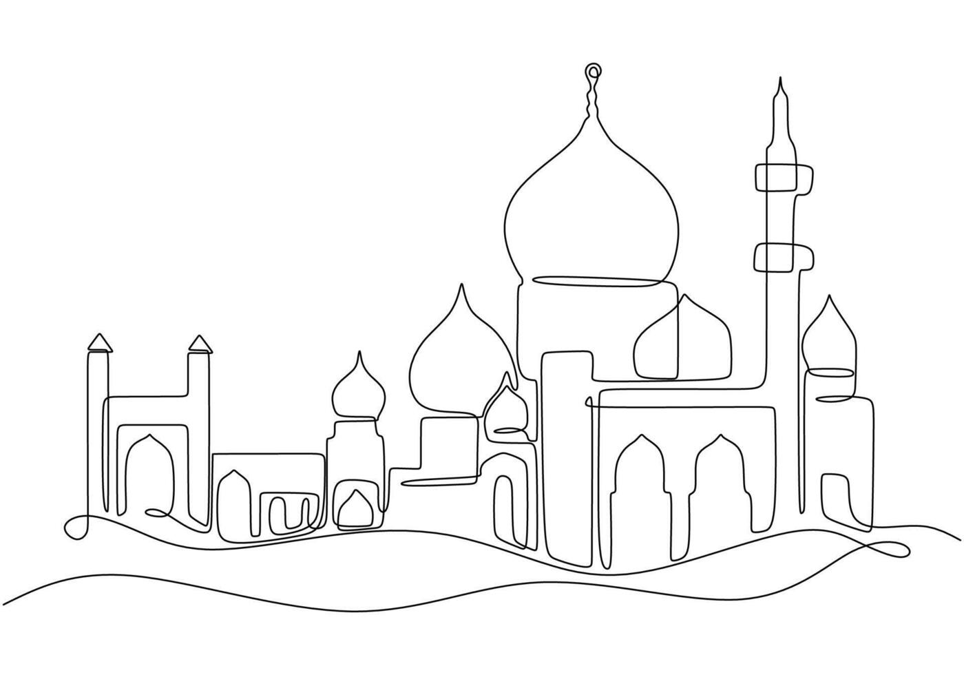 Big mosque on the desert in one single continuous line drawing style Ramadan concept . vector