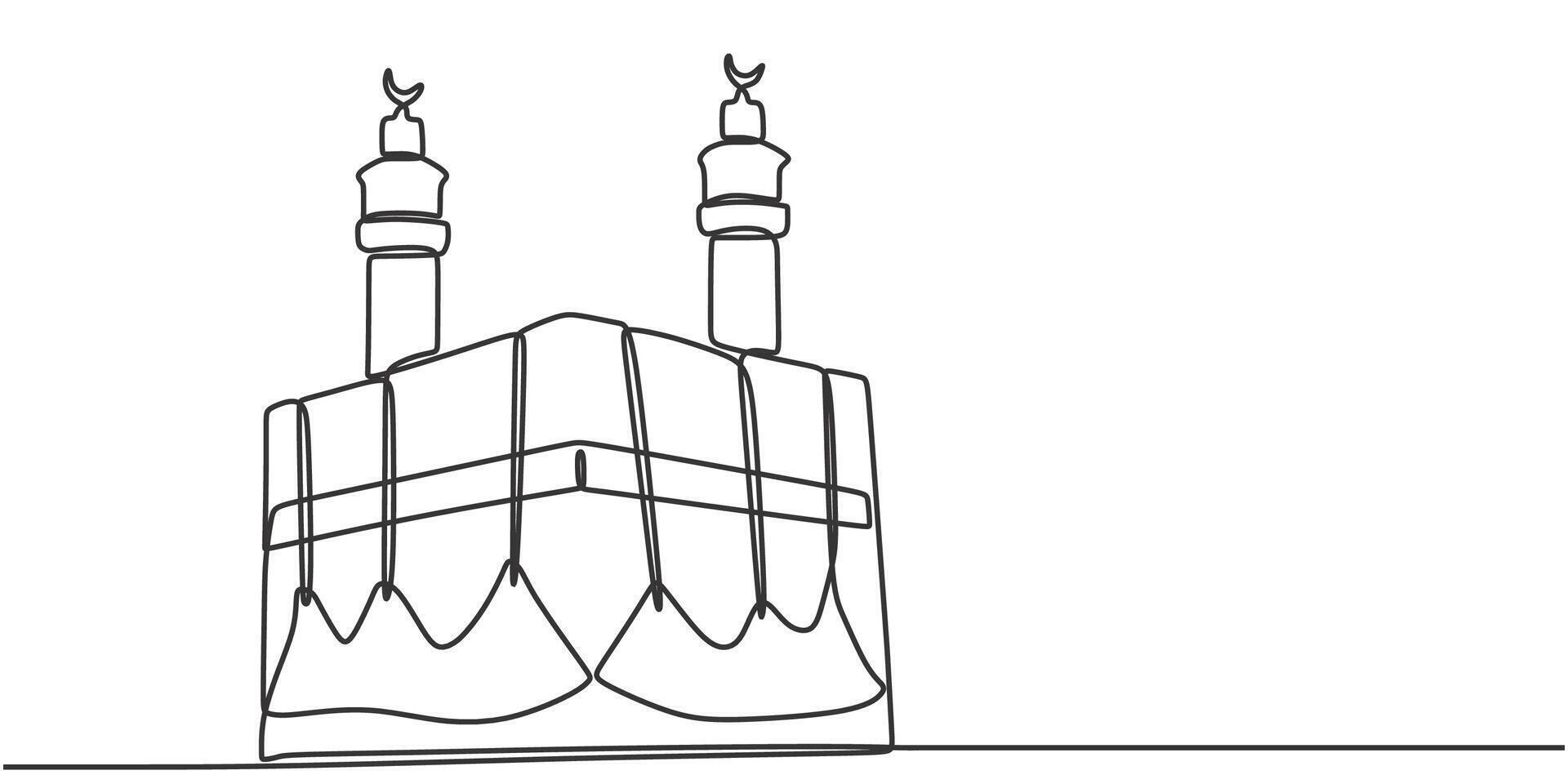 Kaaba in one continuous line art drawing style. Islamic building concept illustration. vector