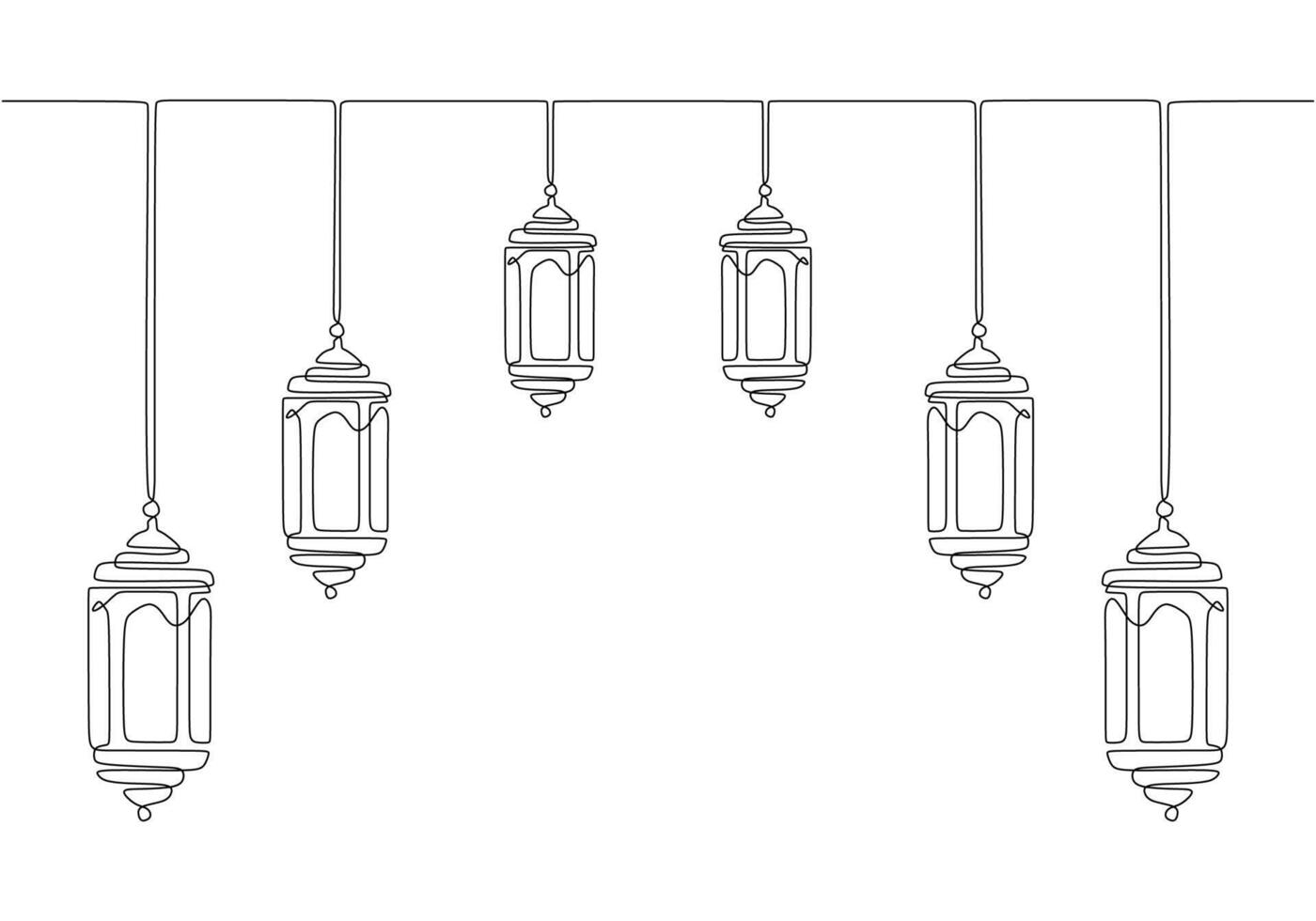 Hanging lanterns one single continuous line drawing. Decorative Ramadan kareem concept illustration. vector
