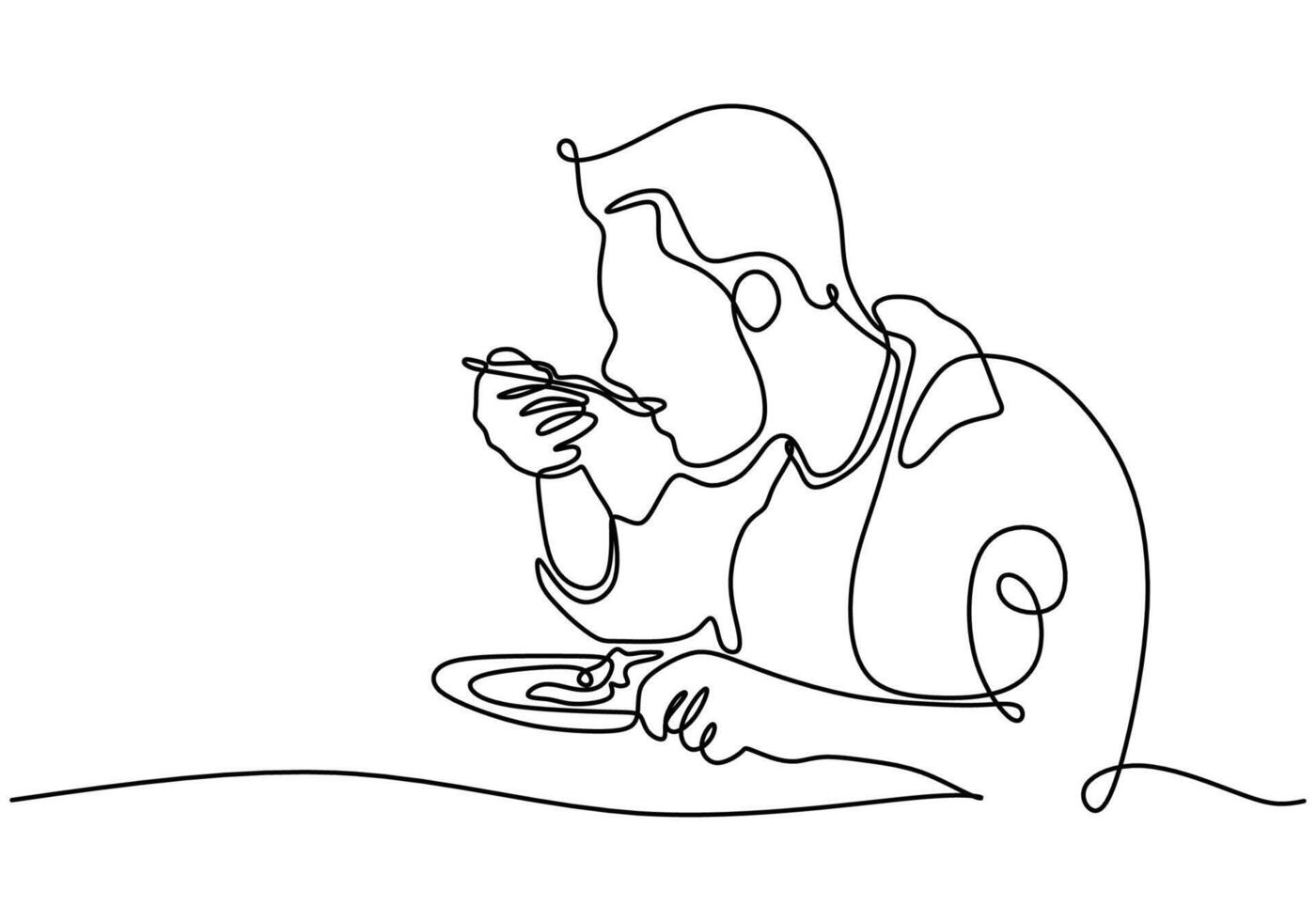 one continuous single line of man eating food on the table isolated on white background. vector