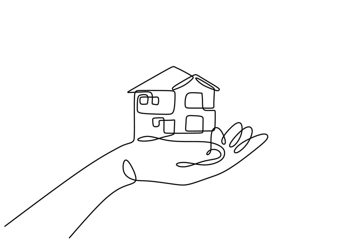 Continuous one line drawing of hand holding a miniature house vector