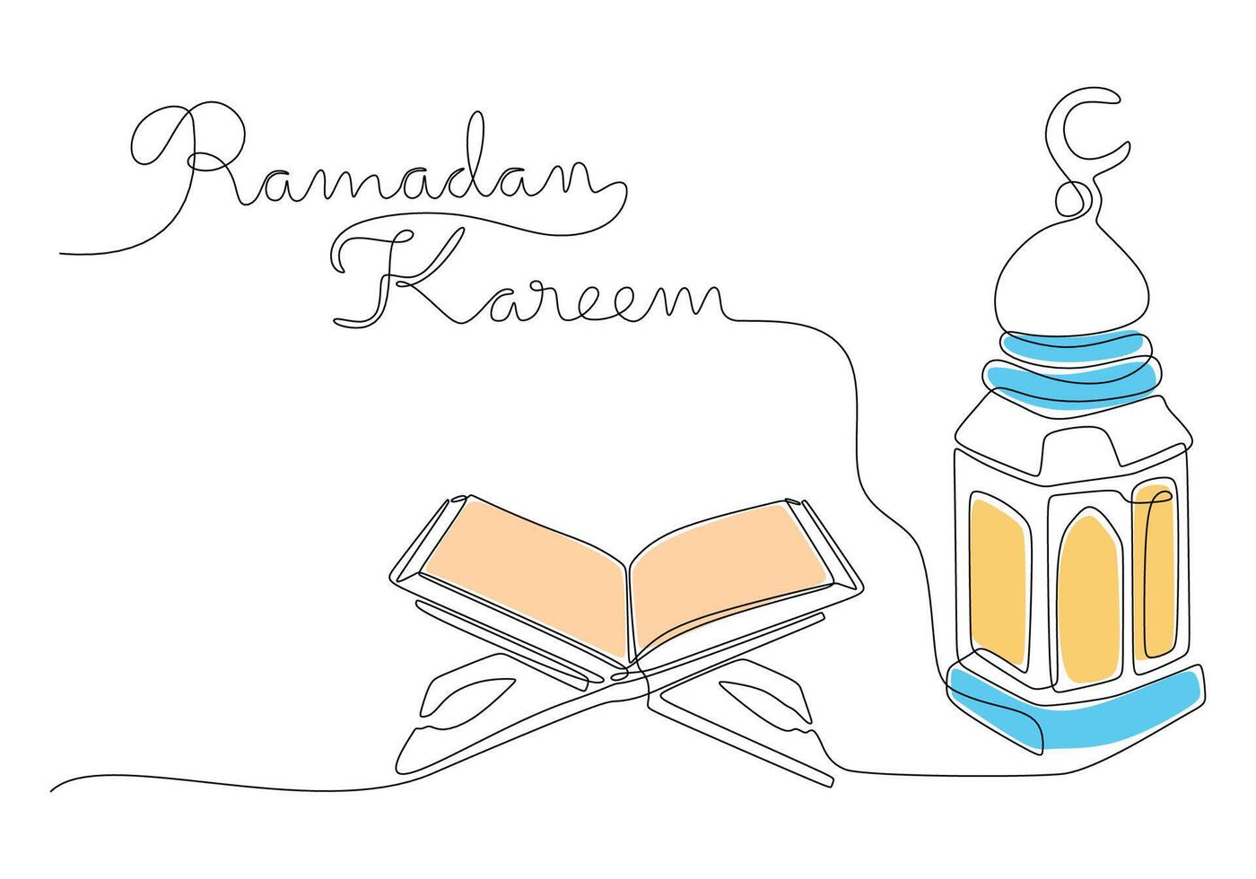 Quran with board and lantern with ramadan kareem handwriting in one single continuous line style. vector