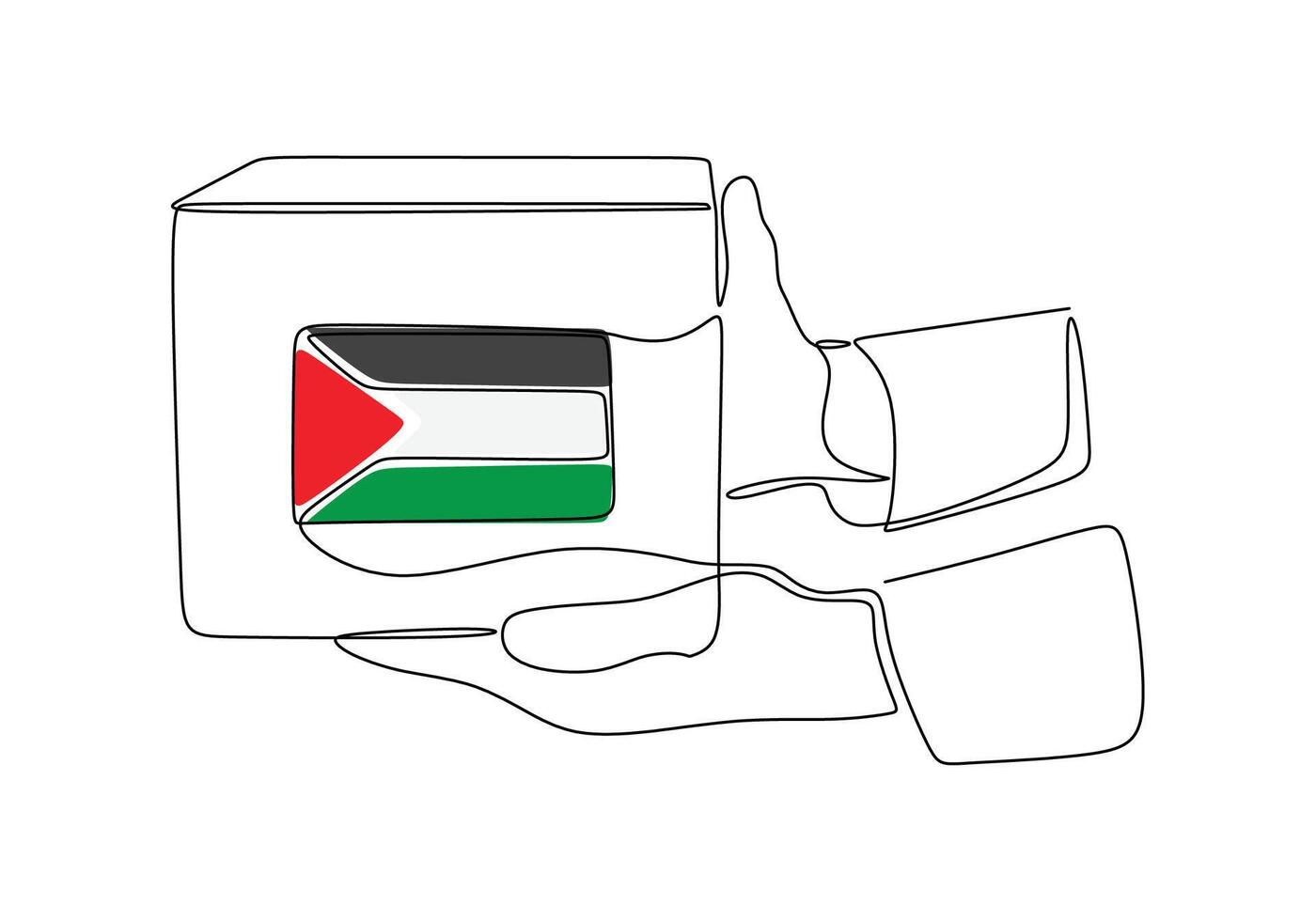 Human hand holding box in one continuous line with palestine flag. vector