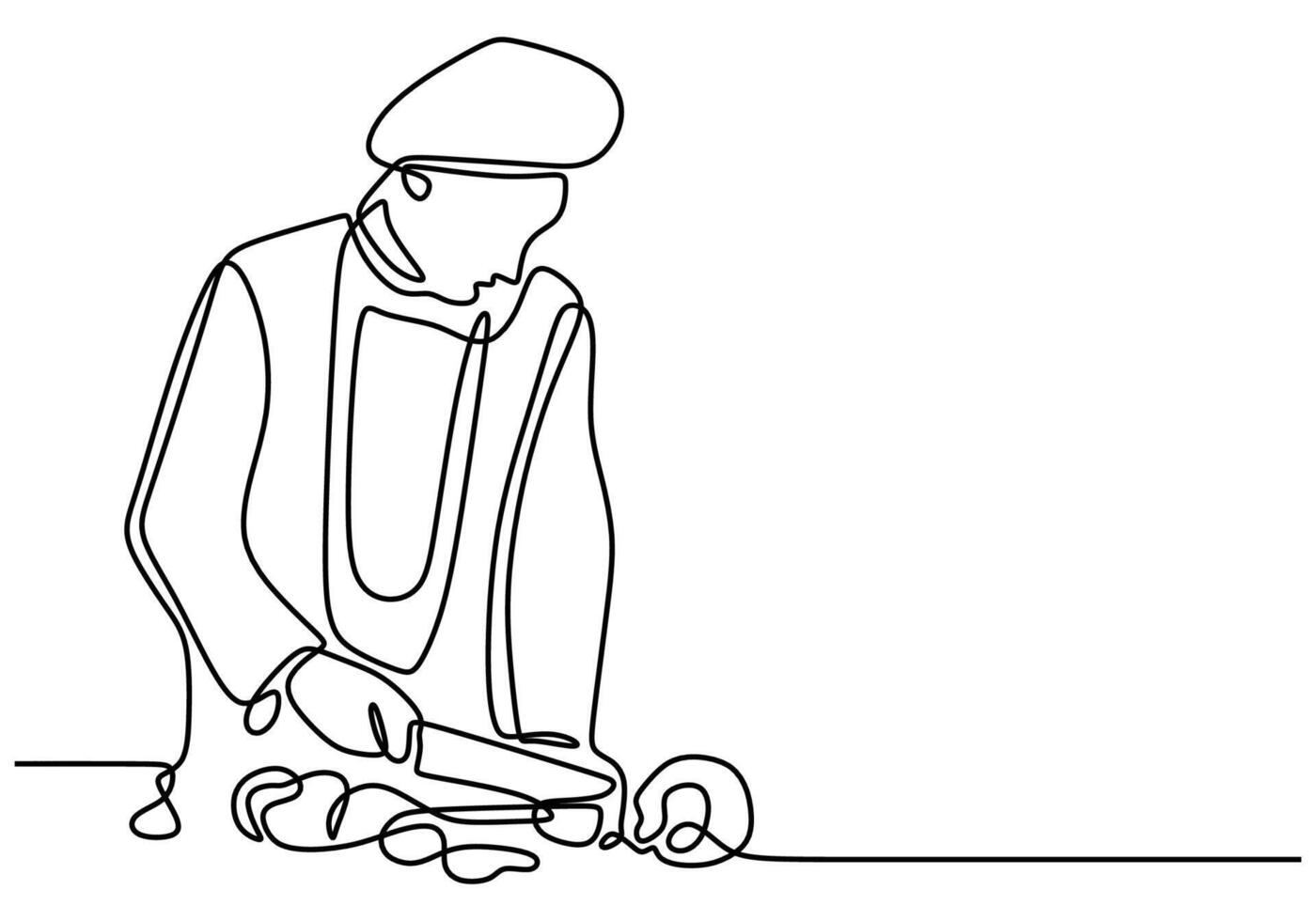 Single line drawing of chef cutting food vector