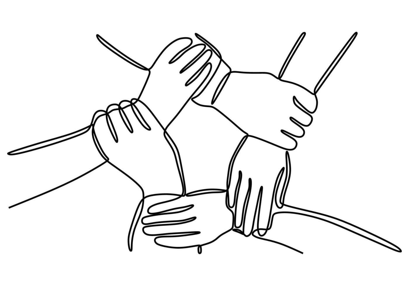 Teamwork One line drawing. Group of business people unite hands vector
