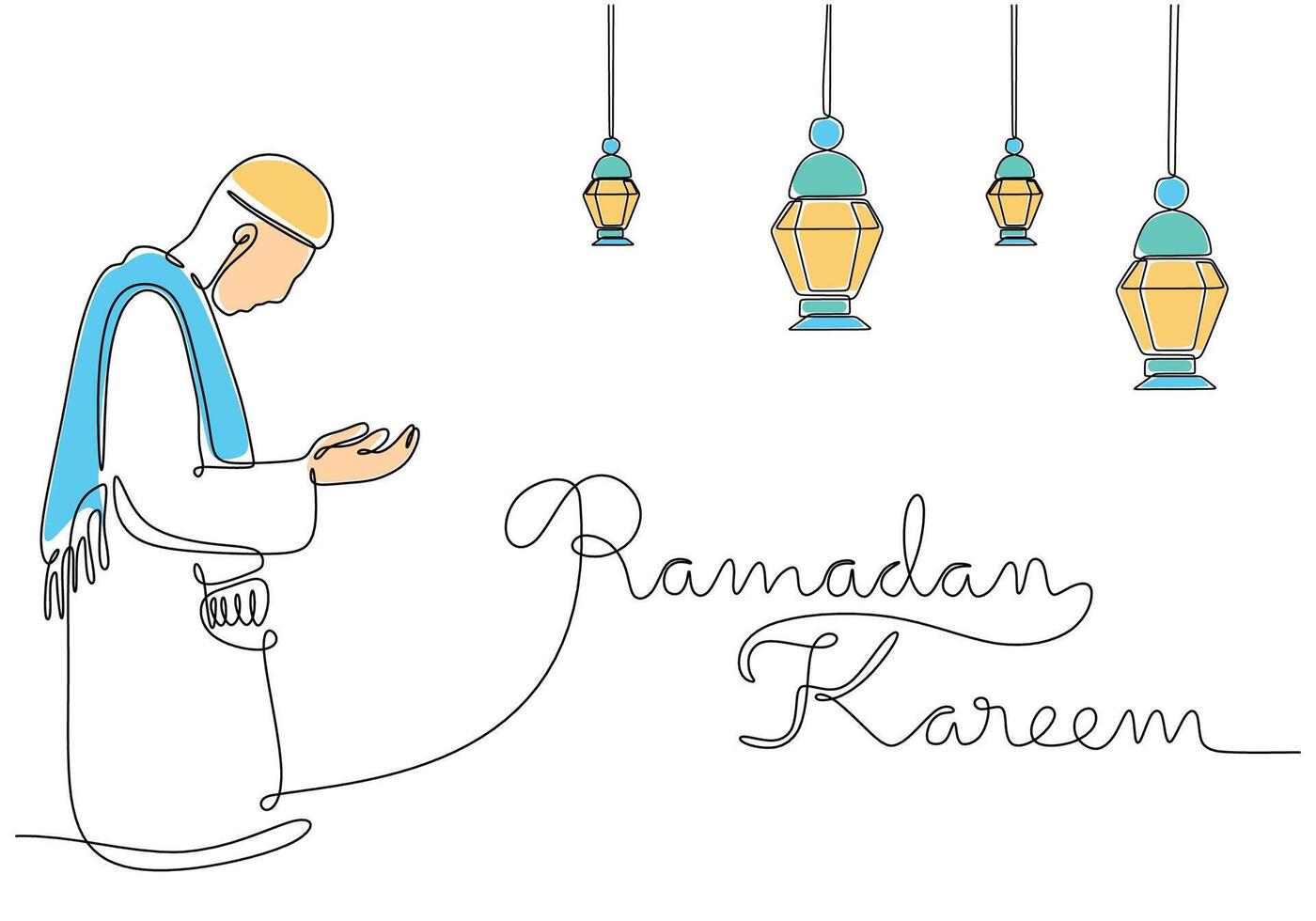 Muslim praying with hanging lanterns and ramadan kareem calligraphy in one single continuous line vector