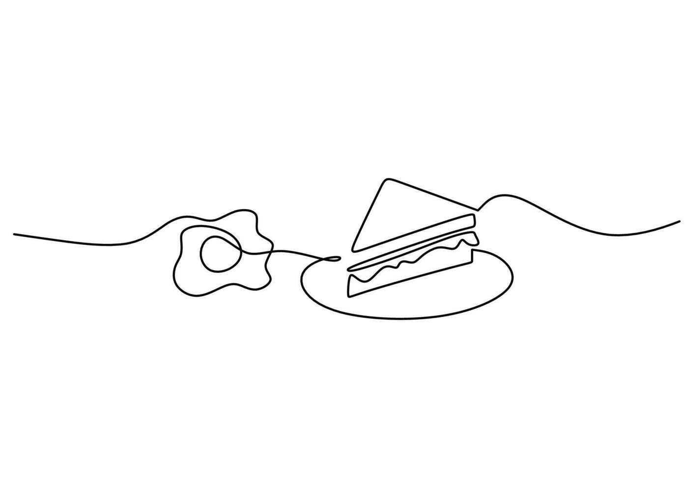 one continuous line drawing of egg and sweet cake on plate isolated on white background. vector