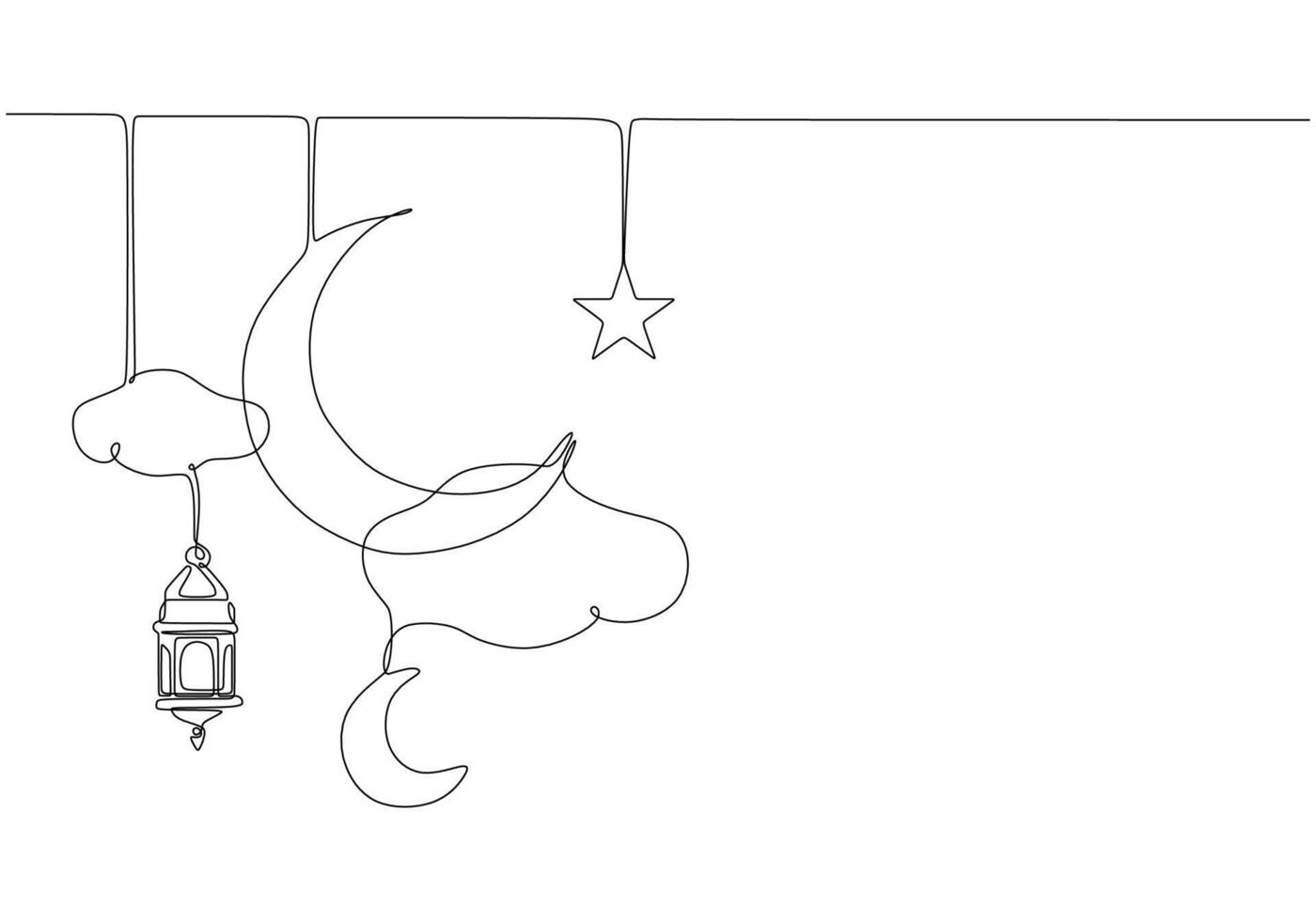 Hanging crescent moon, star, cloud and lantern elements in one single continuous line drawing style. vector