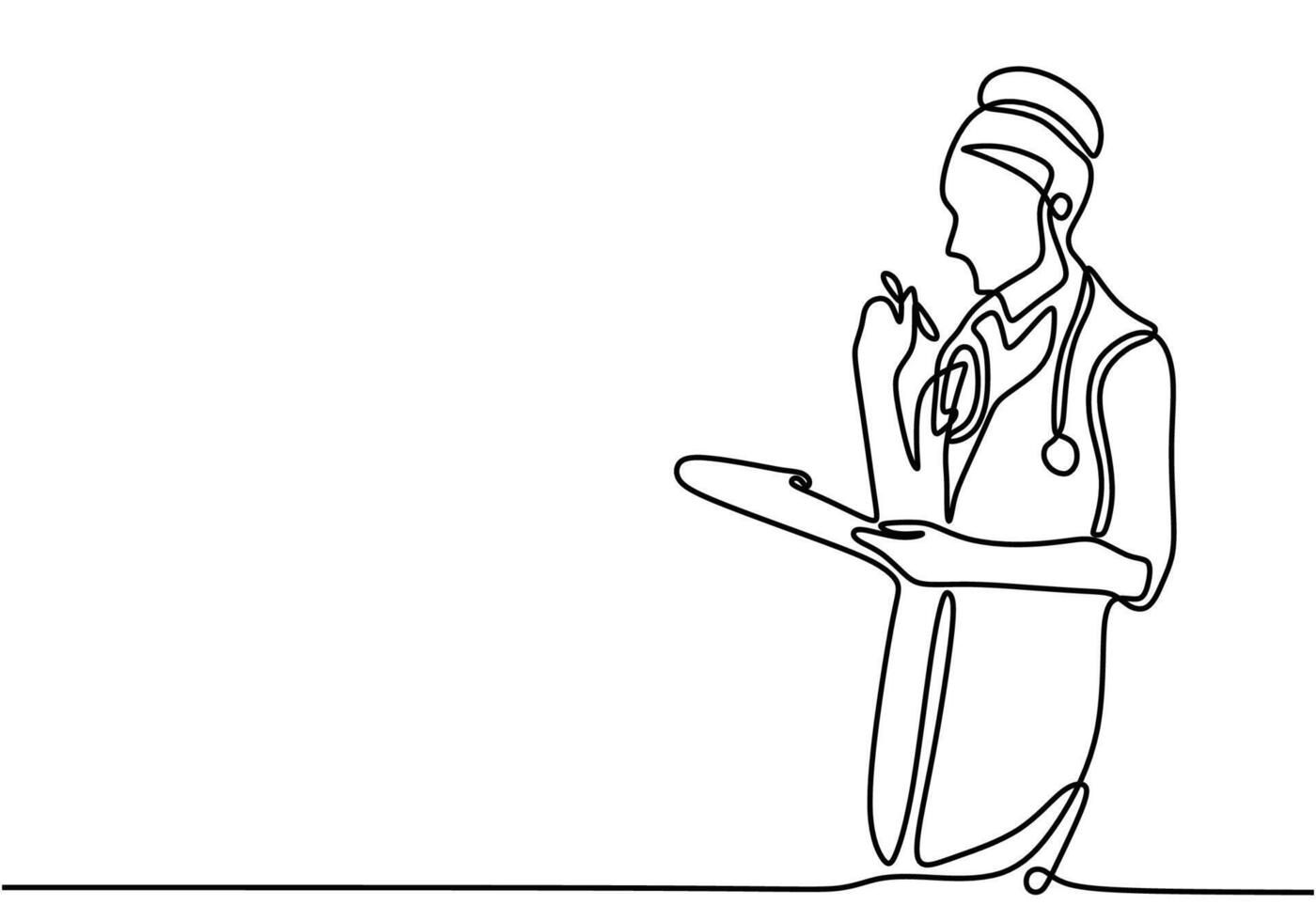 one line drawing of nurse doctor holding patient papers and stethoscope. vector