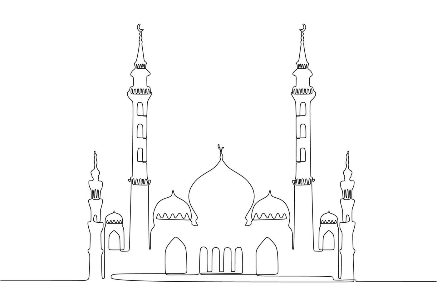 Big mosque in one single continuous line drawing style isolated on white background. Ramadan concept vector