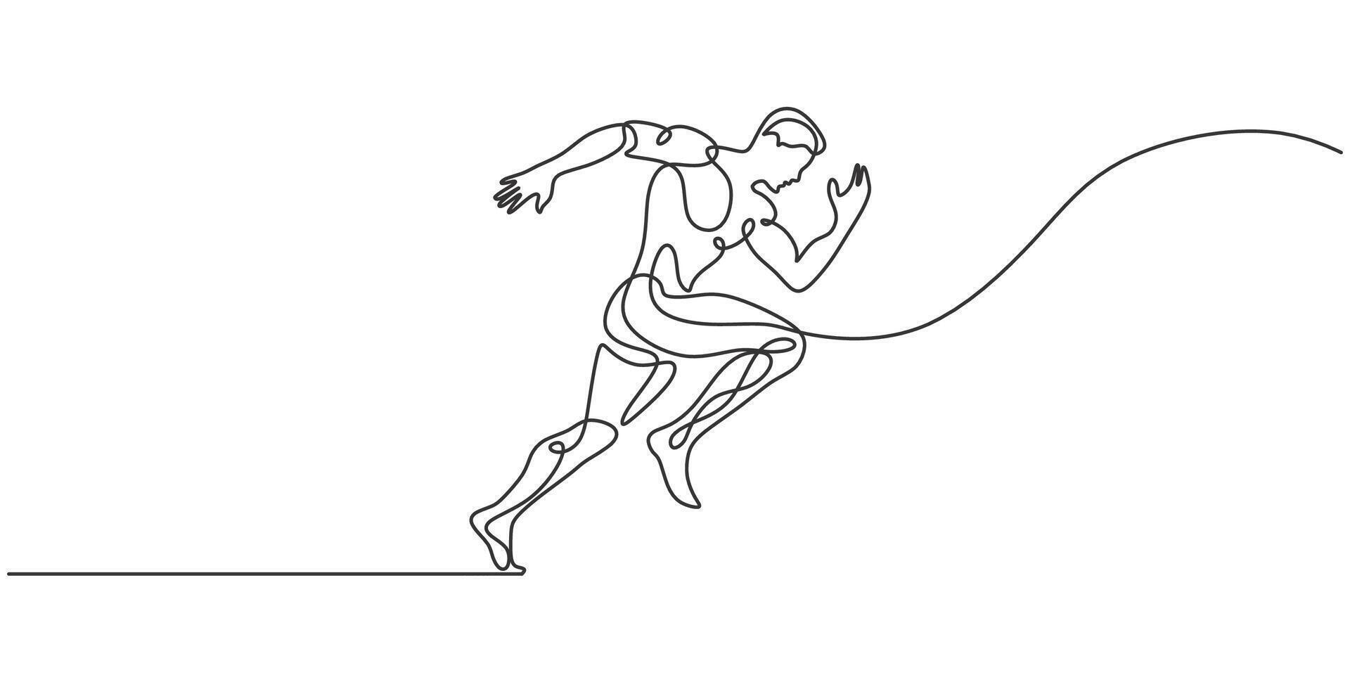 Man athlete running fast line drawing continuous one hand drawn. vector