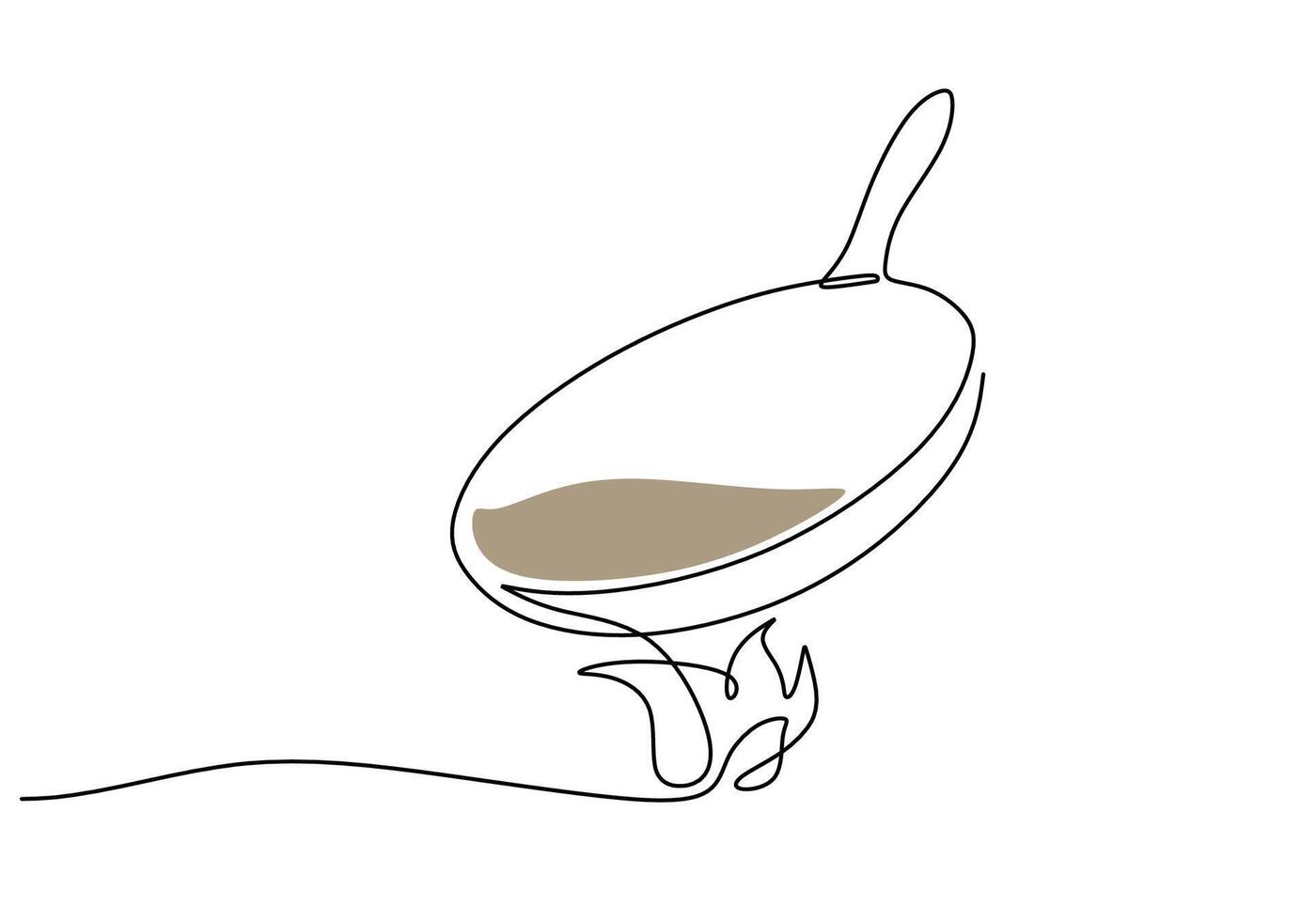 Frying pan on fire in one single line continuous drawing illustration. vector