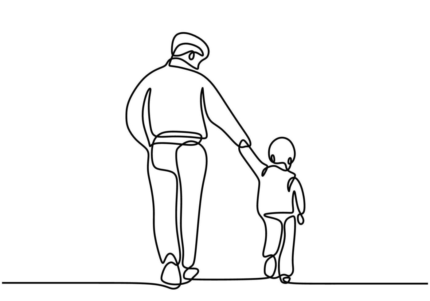 One line father. Dad walking with son. Fatherhood poster single line vector