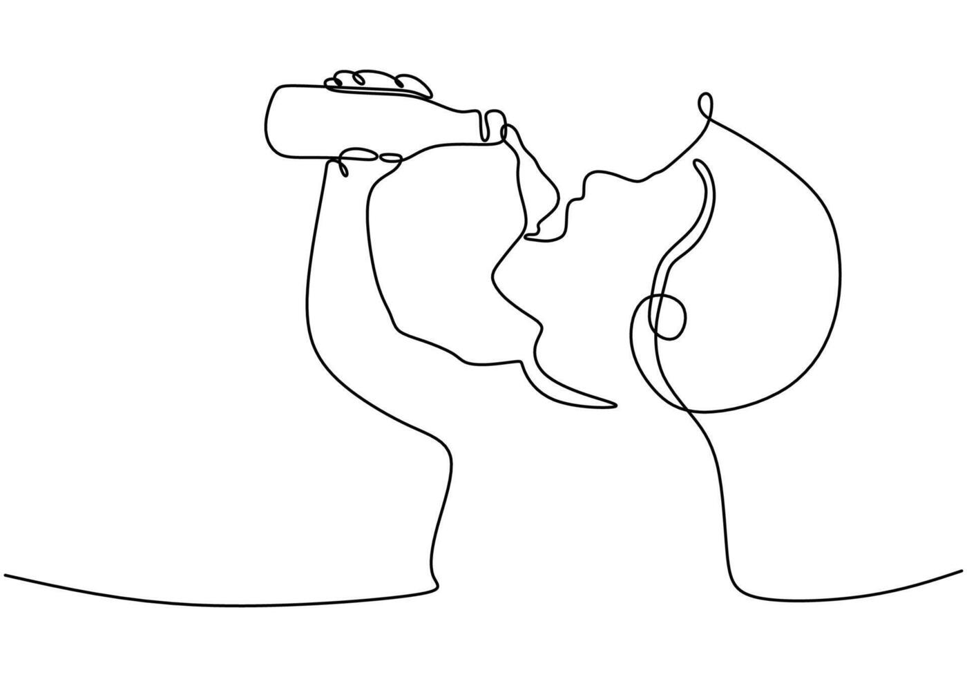 one continuous single line of boy drinking mineral water from bottle isolated on white background. vector