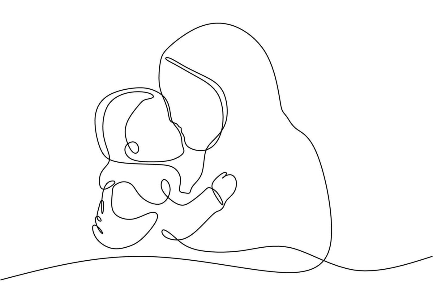 one line continuous line of muslim woman holding baby vector