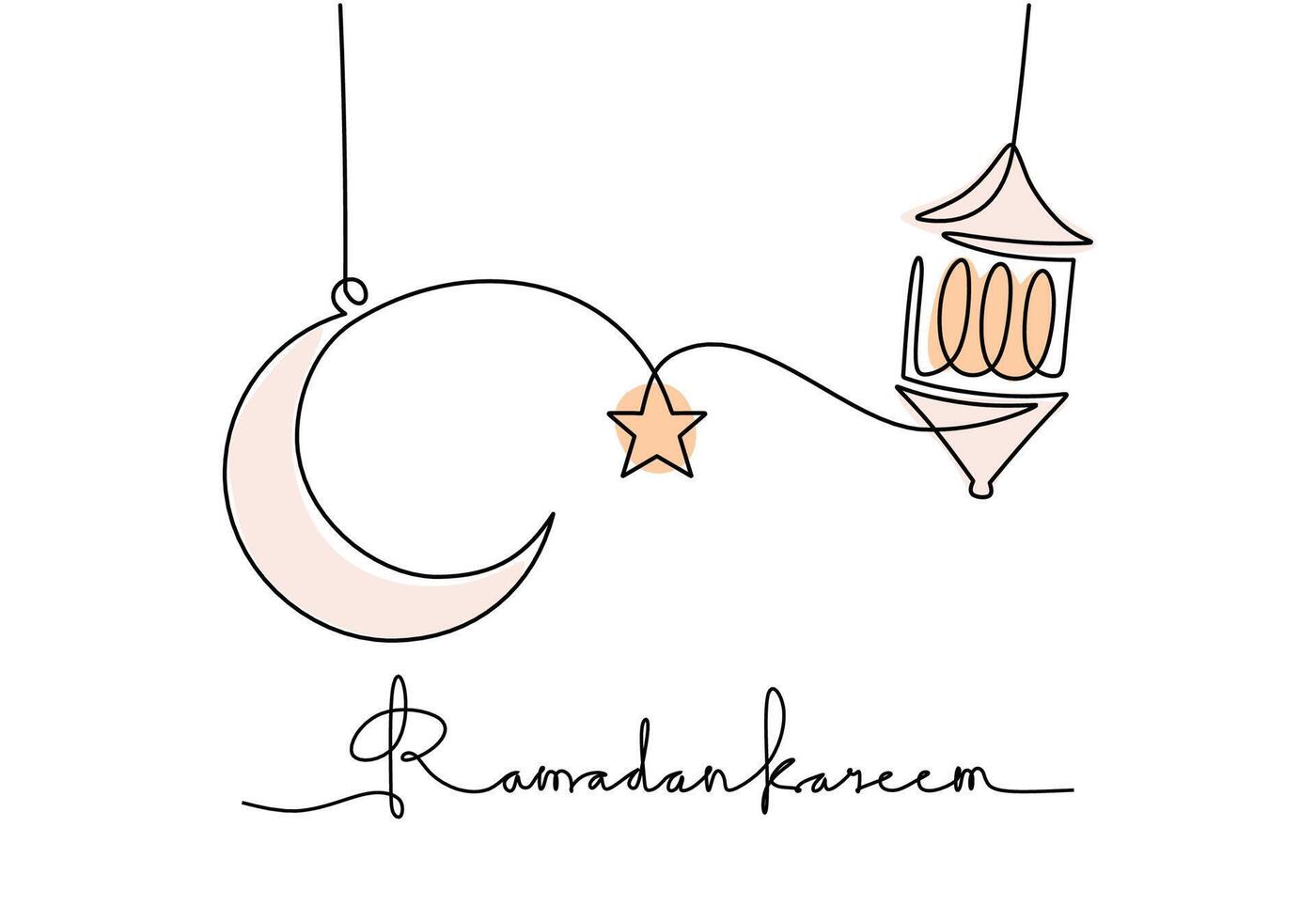 Hanging crescent moon, star and lanterns One line drawing. vector