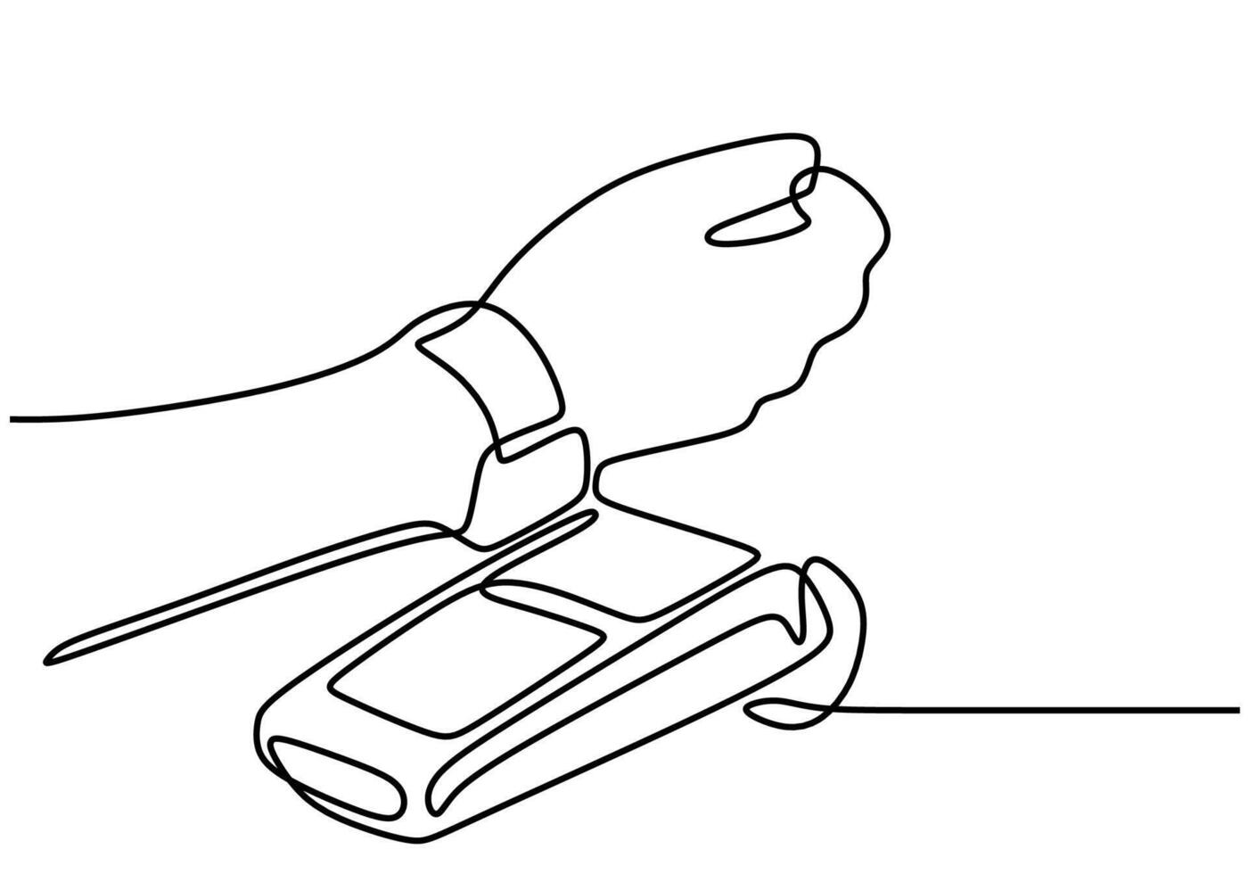 Single one line drawing of hand with smartwatch tap on edc machine. Bank concept. Continuous line draw design graphic illustration. vector