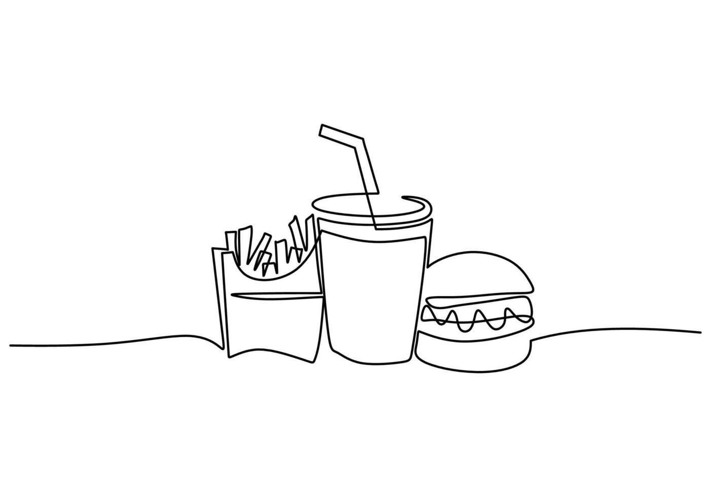 One line drawing of Burger, soda and french fries fast food in continuous line art style. vector