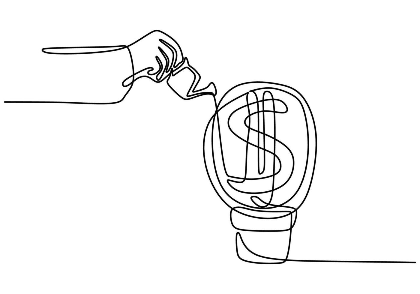 one line drawing of hand watering dollar plants isolated on white background. vector