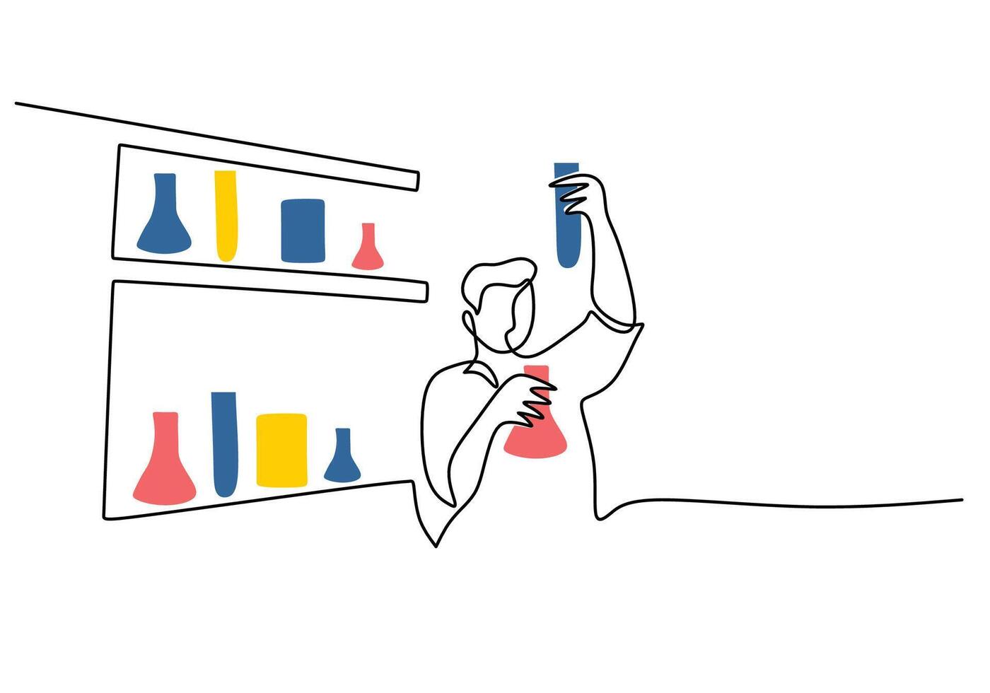 one line scientist researcher professor with chemical flasks vector