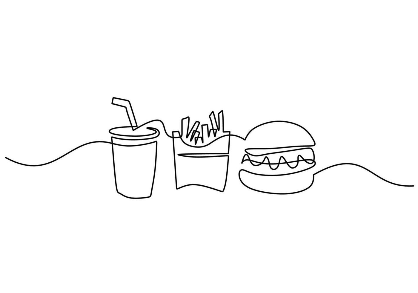 Single line drawing Burger, soda and french fries fast food in continuous line art style. vector